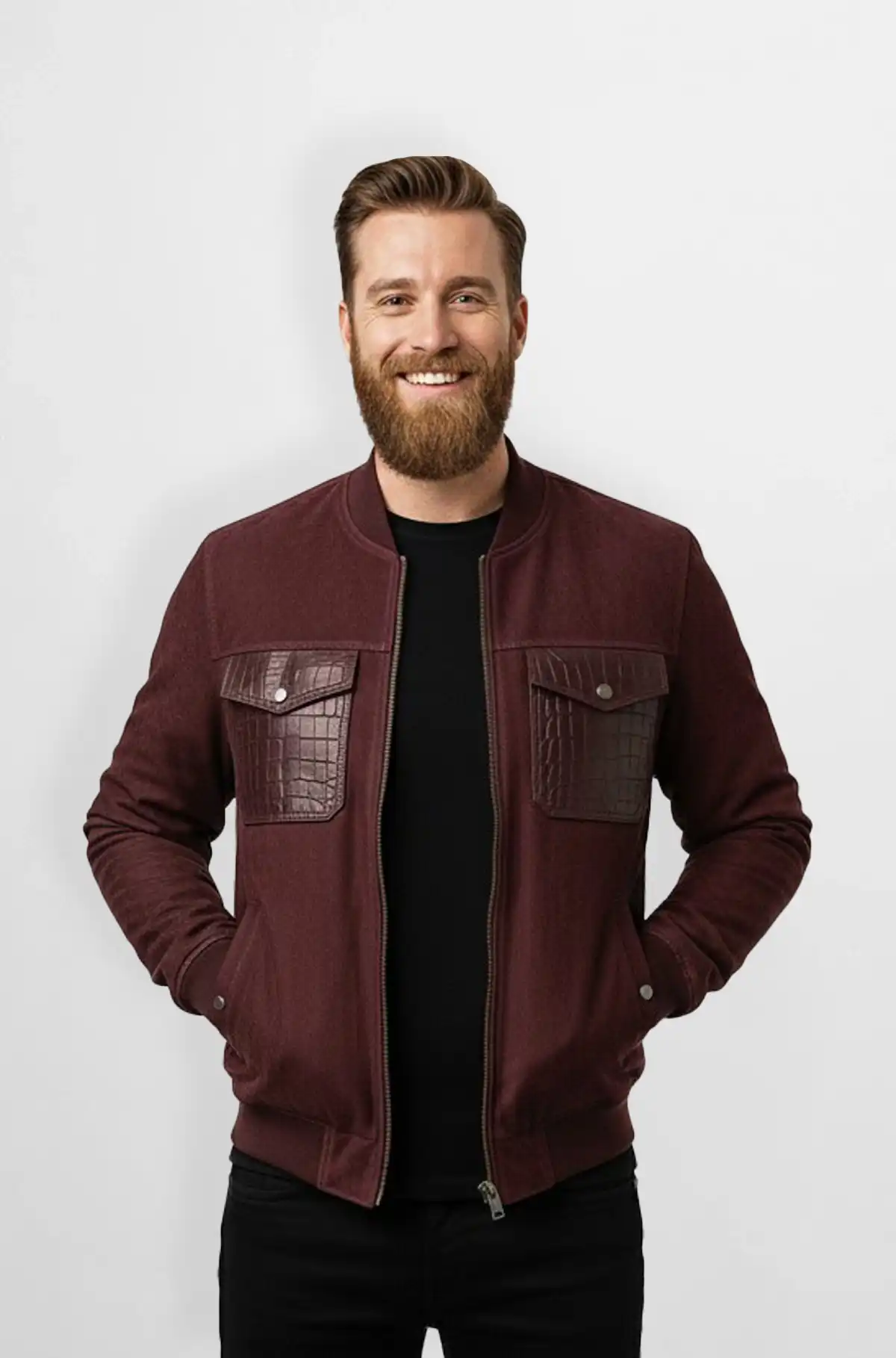 Maroon Crocodile Patch Bomber Jacket