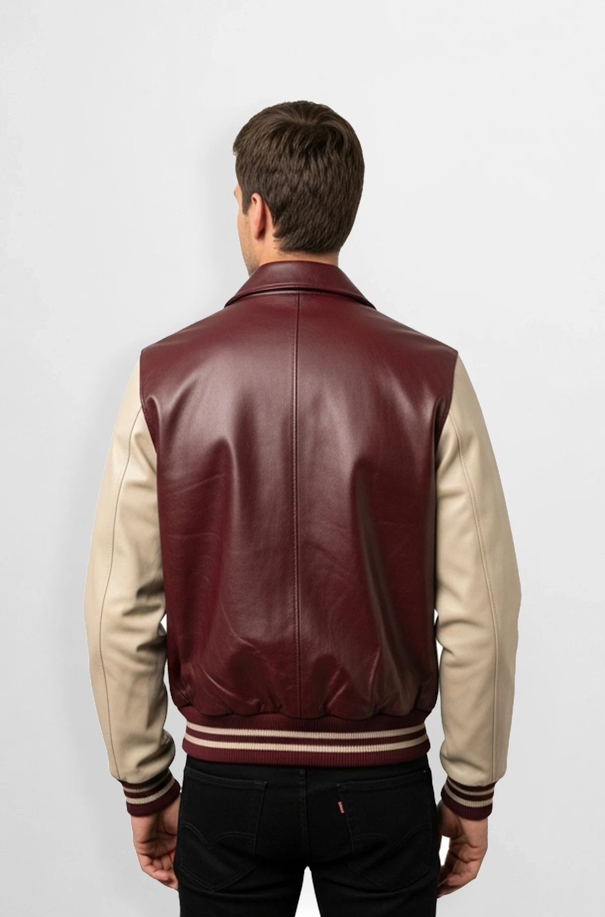 Maroon and Beige Leather Varsity Jacket for Men