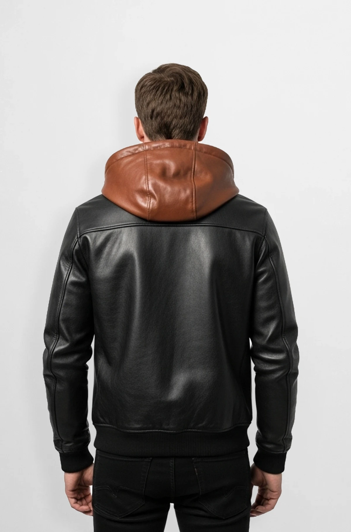 Matte Black Leather Jacket with Brown Hood for Men
