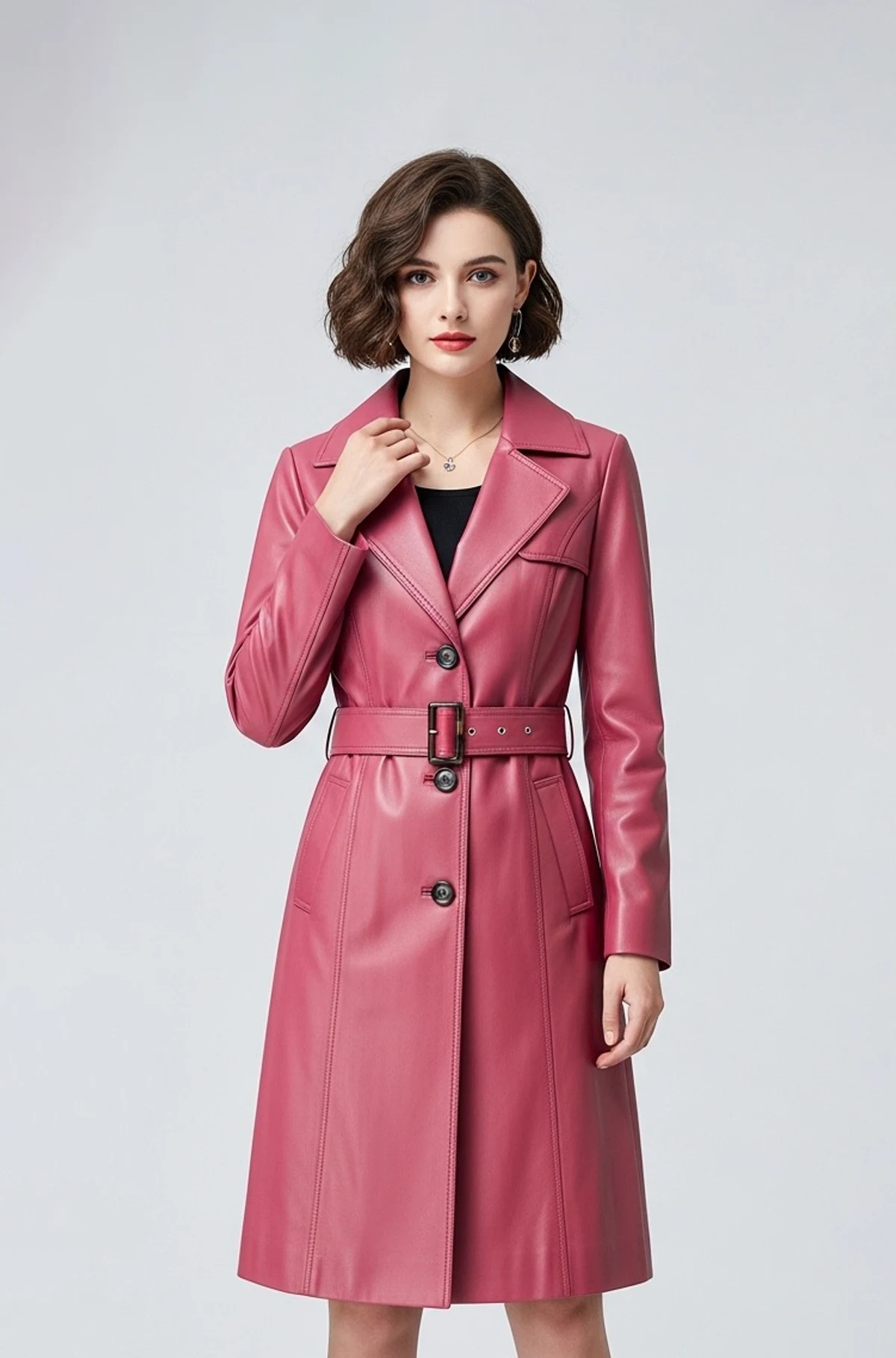 Mauve Pink Leather Trench Coat