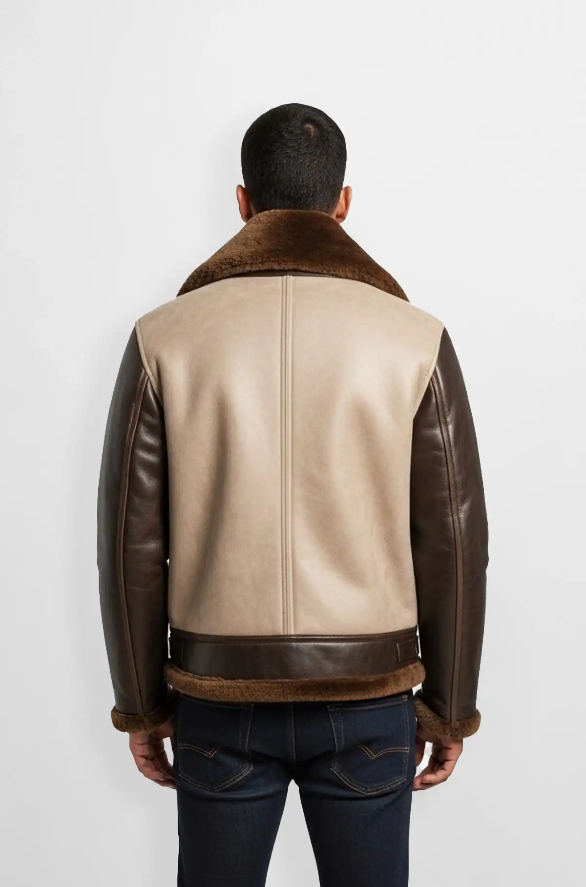 Mens Beige And Chocolate Brown Shearling Leather Jacket