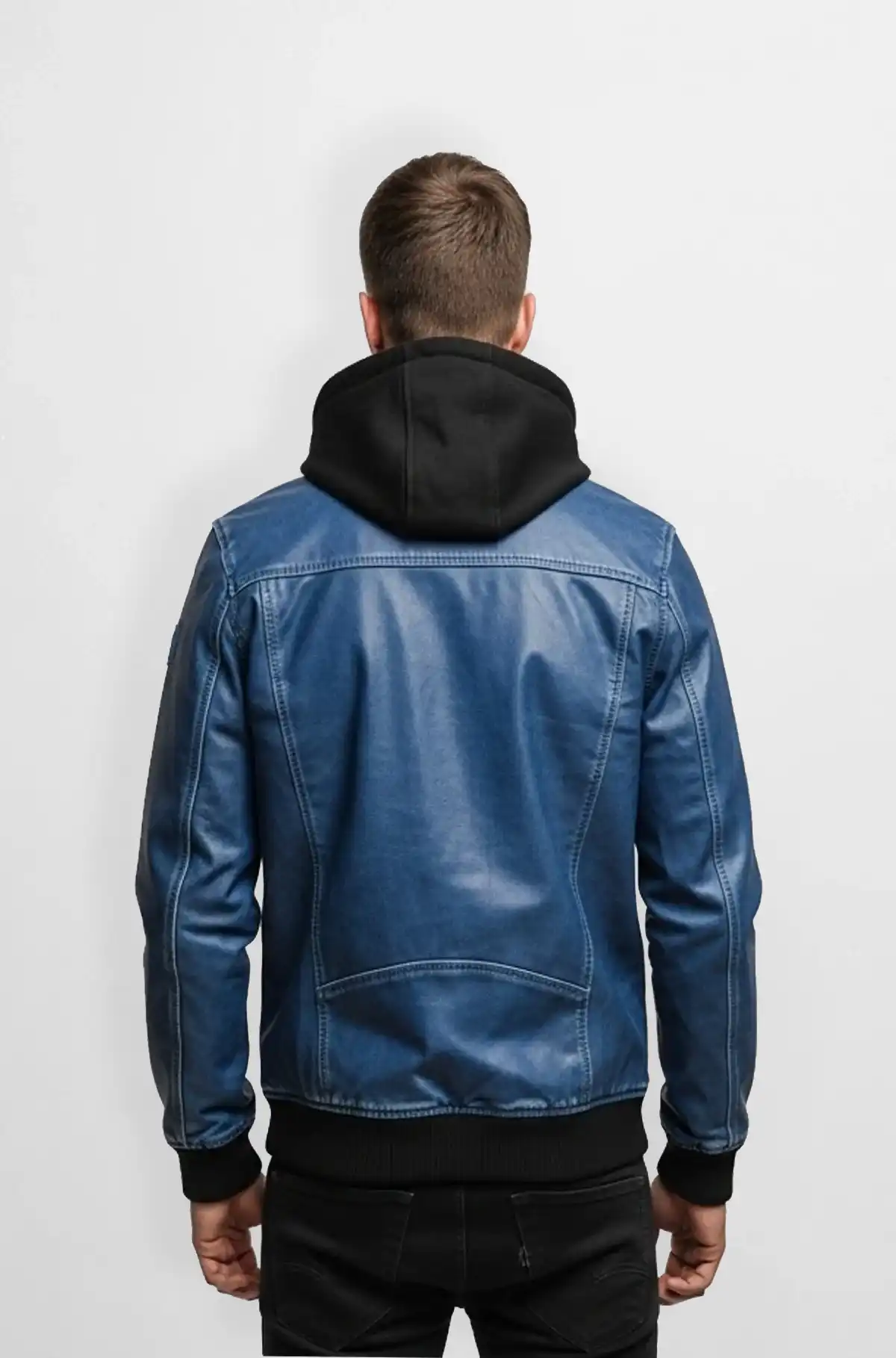 Men's Casual Blue Leather Bomber Jacket