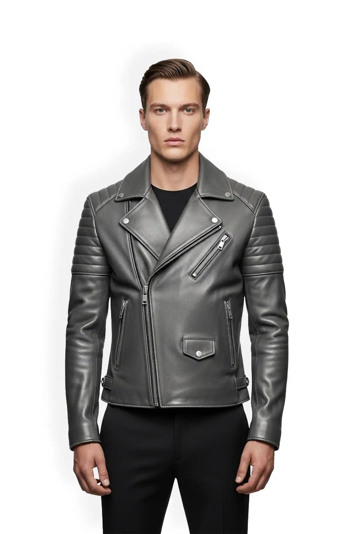 Mens Gunmetal Quilted Biker Jacket