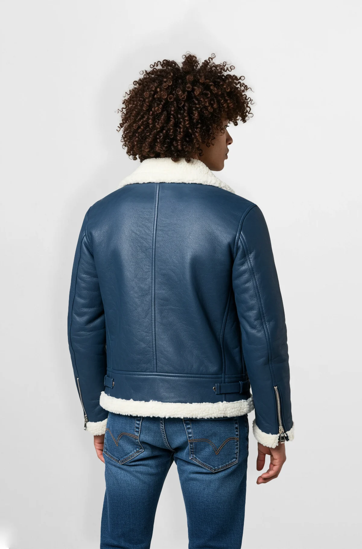 Mens Navy Blue Shearling Leather Aviator Jacket