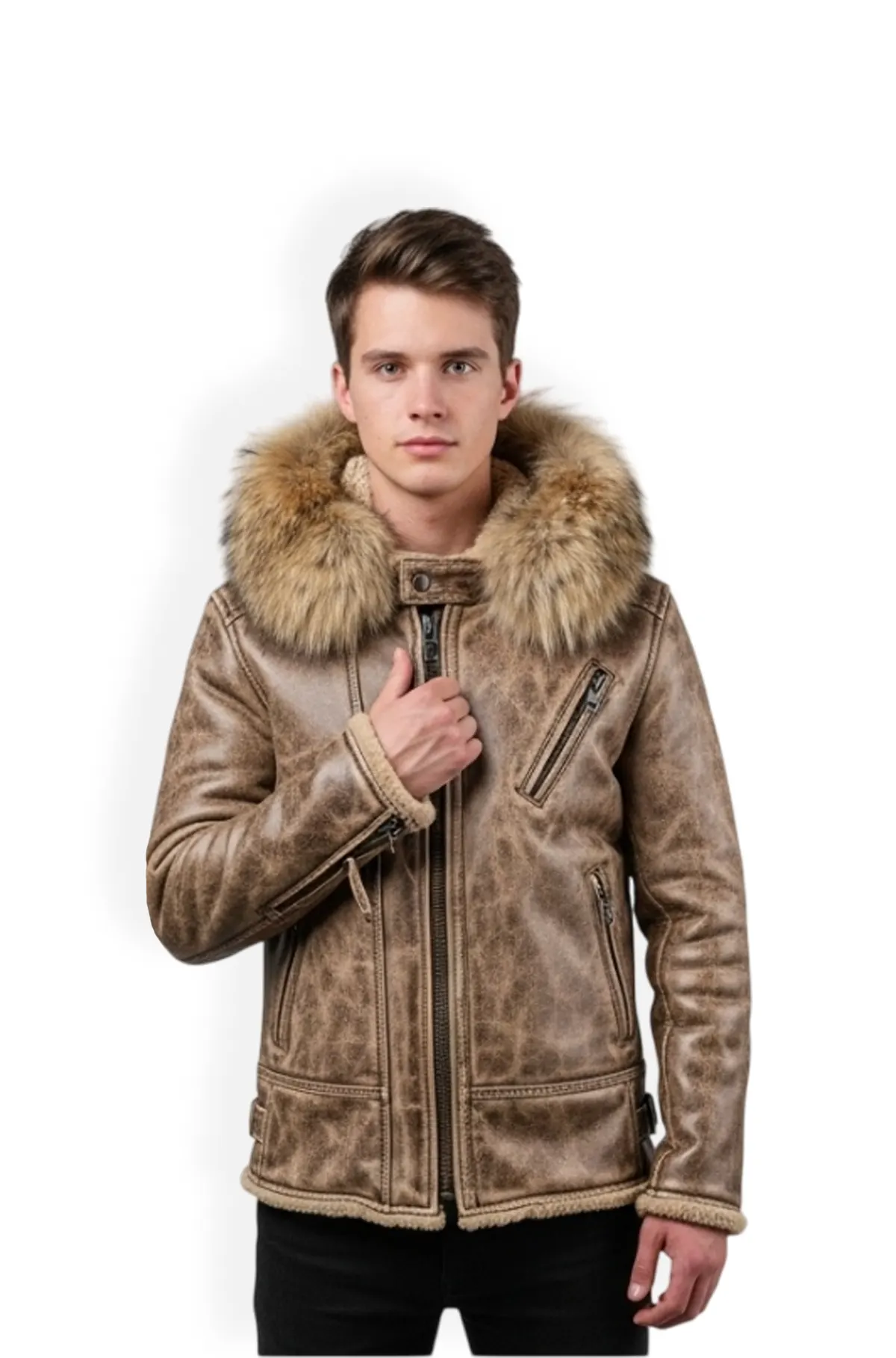 Mens Shearling Leather Aviator Jacket with Fur Hood