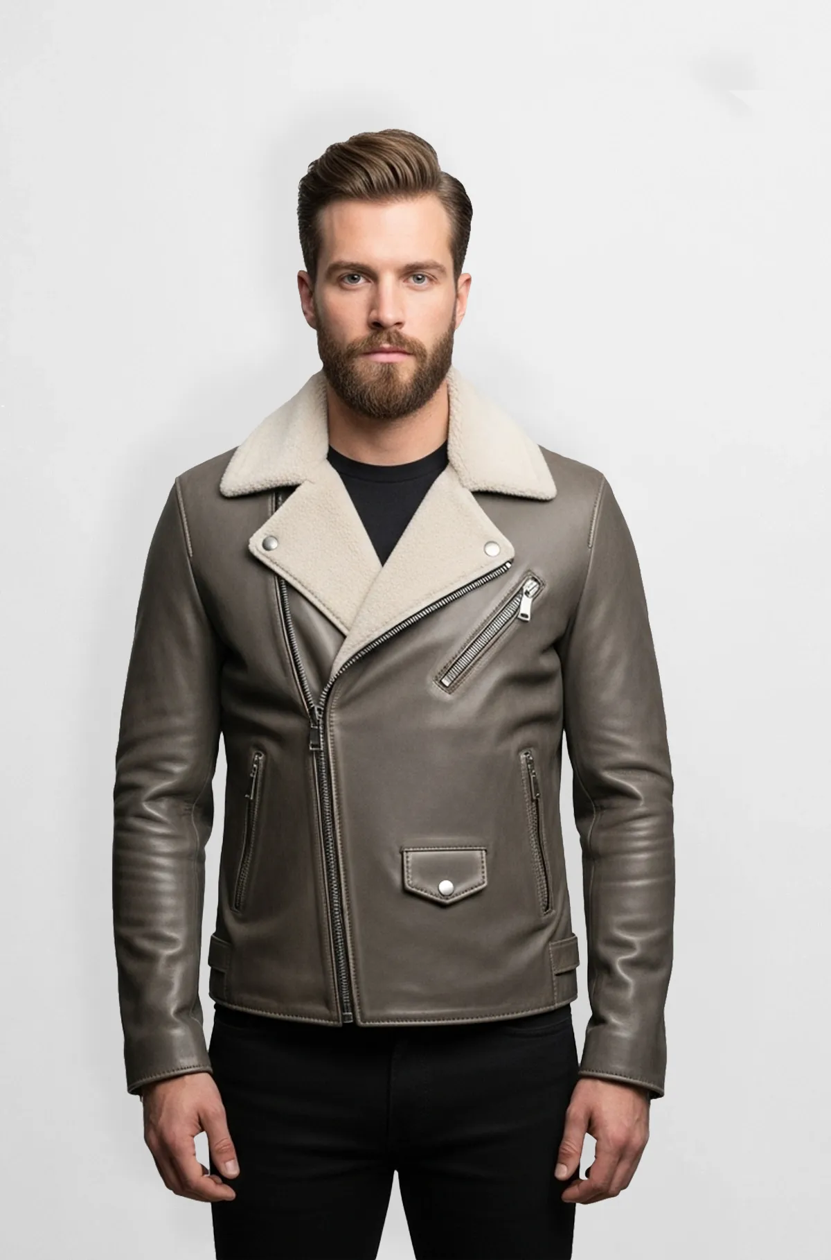 Mens Taupe Shearling Leather Biker Jacket