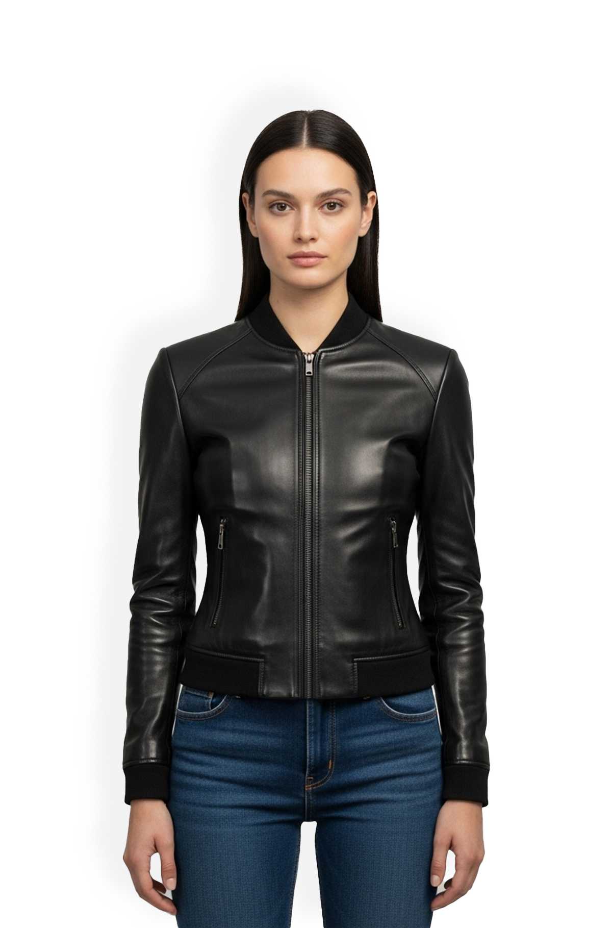 Midnight Black Womens Leather Bomber Jacket