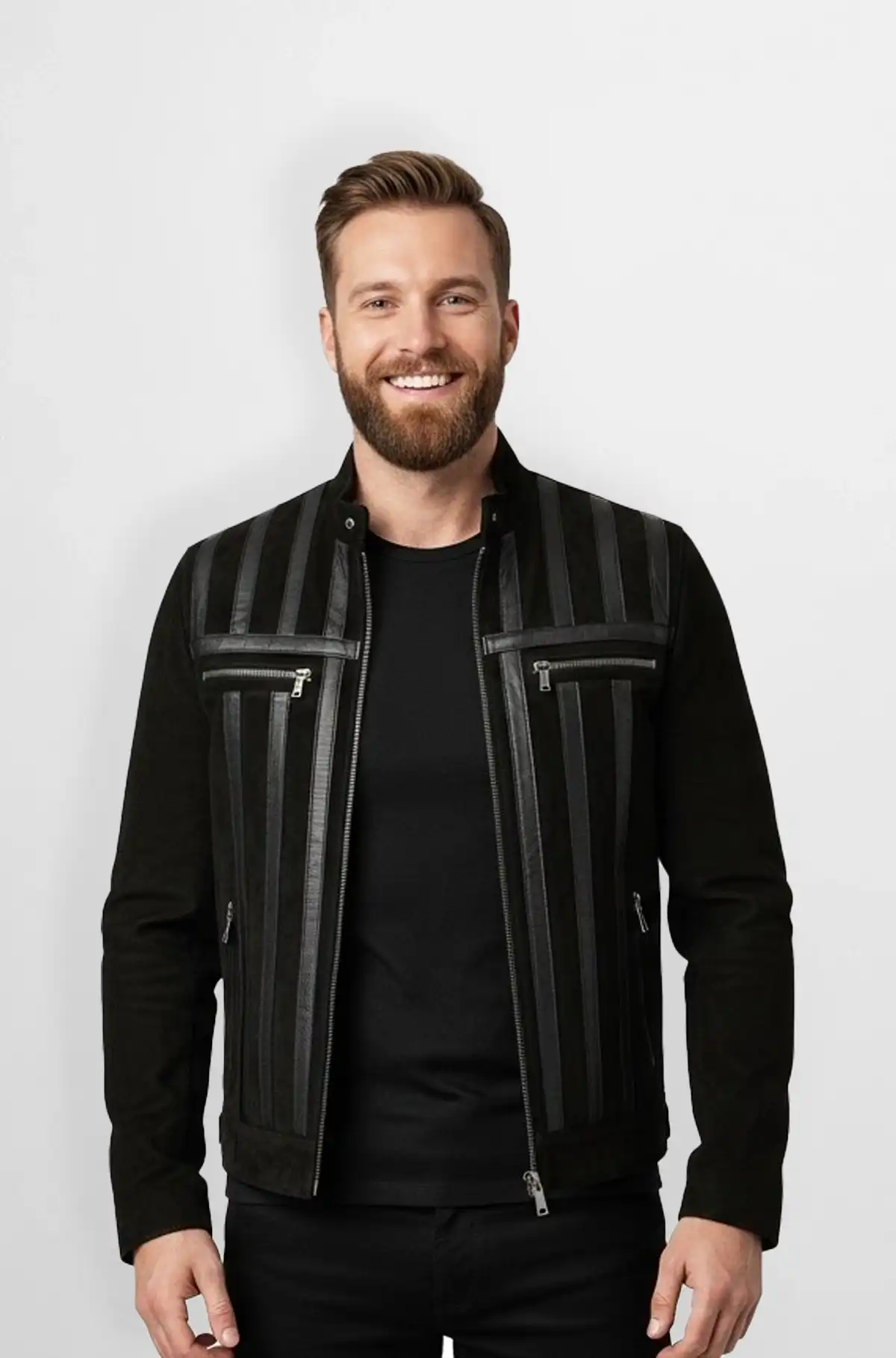 Midnight Jet Black Stripes Leather Jacket
