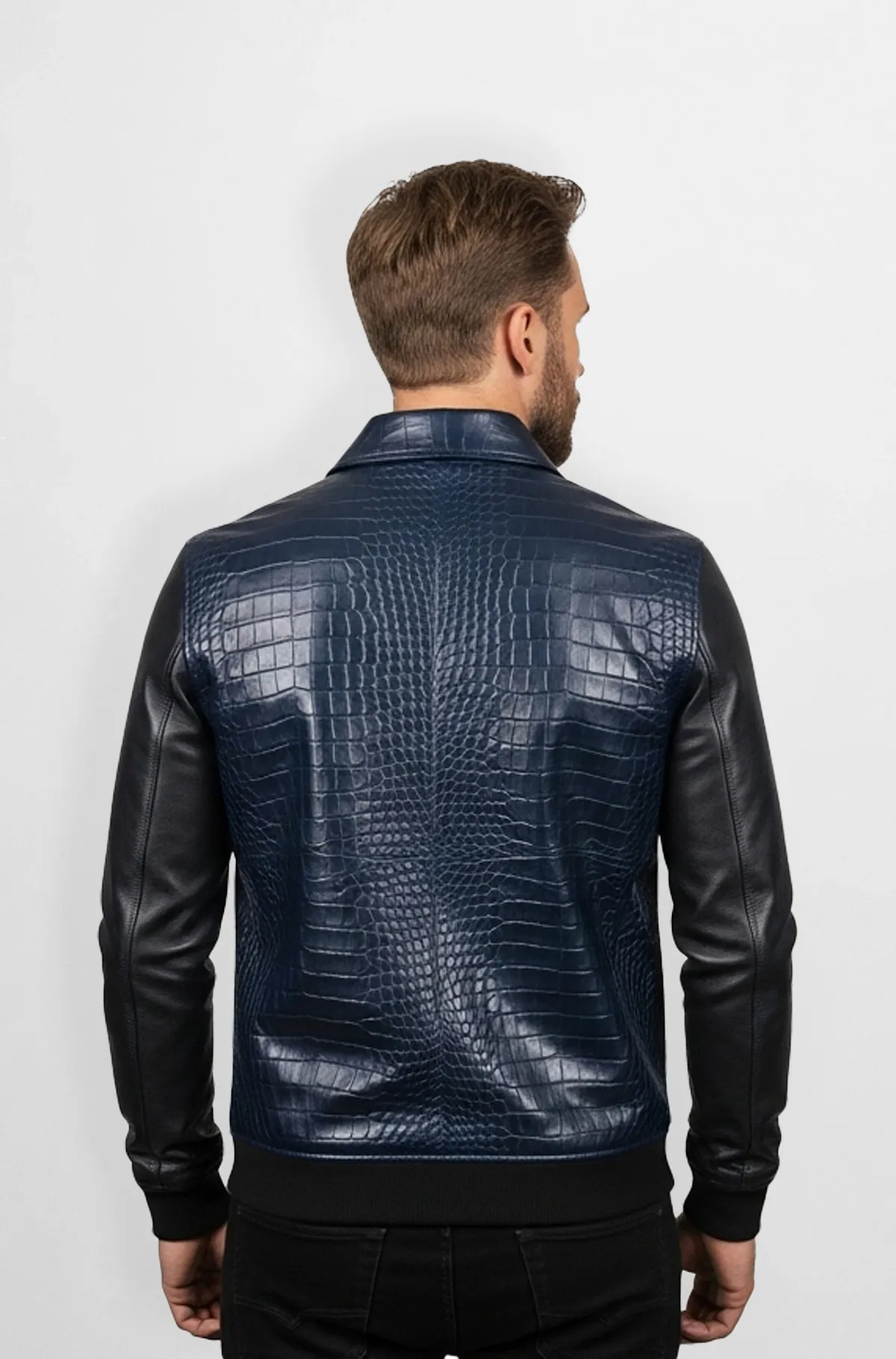 Midnight Navy Blue Crocodile Luxe Bomber Jacket