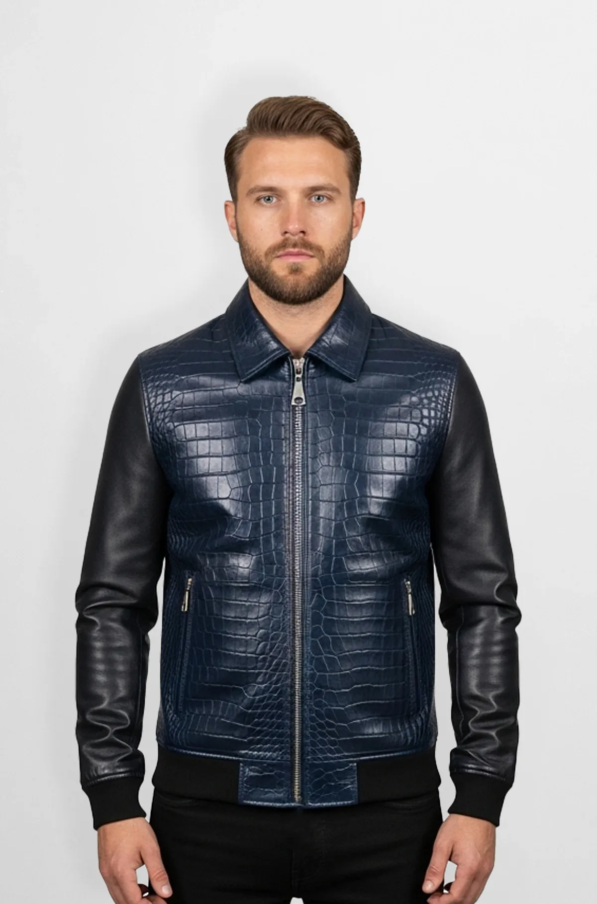 Midnight Navy Blue Crocodile Luxe Bomber Jacket