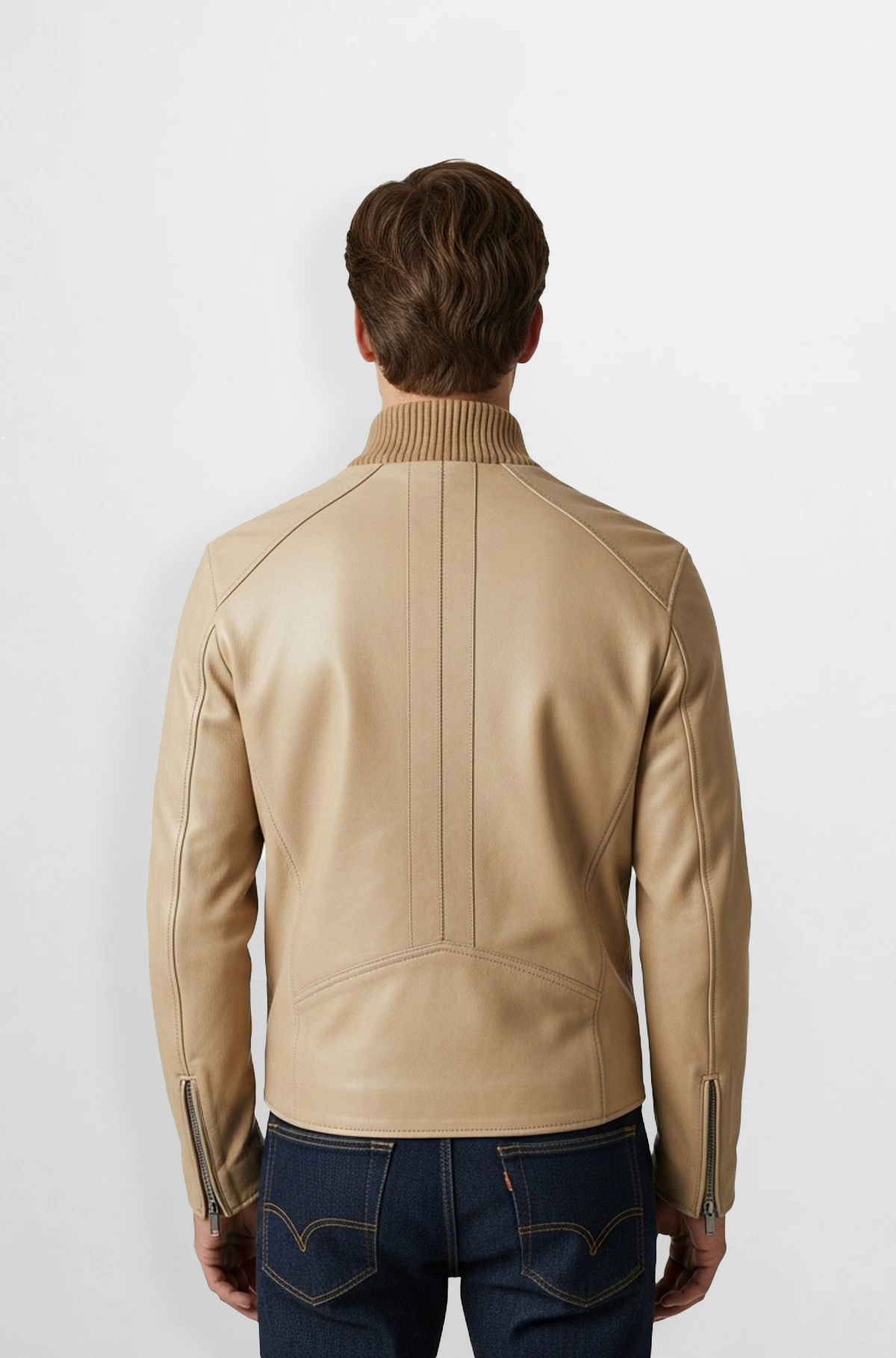 Milano Beige Ribbed Collar Leather Jacket