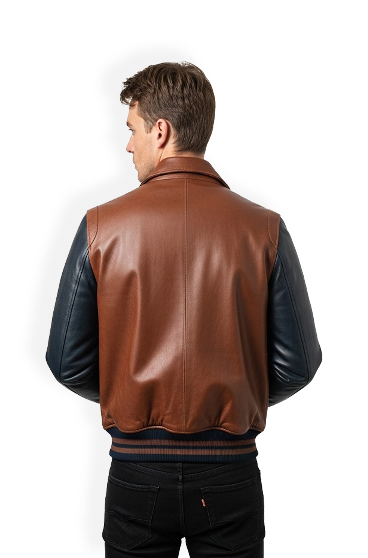 Mocha Brown and Matte Black Leather Bomber Jacket