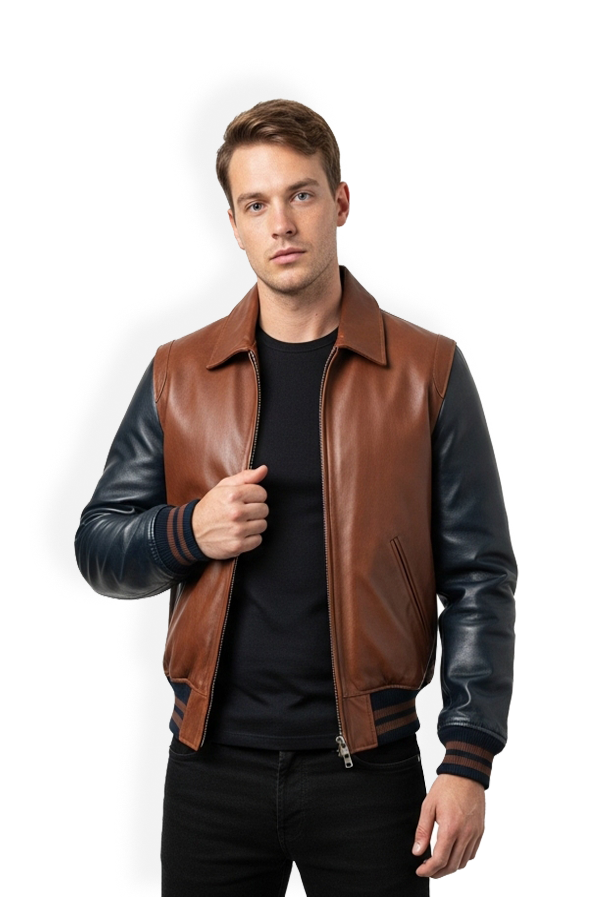 Mocha Brown and Matte Black Leather Bomber Jacket