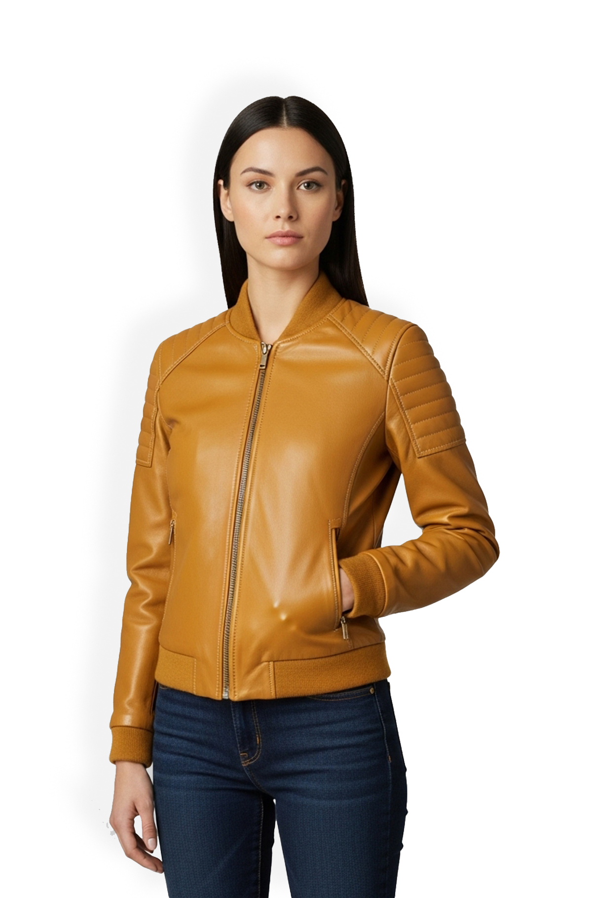 Mustard Leather Bomber Jacket