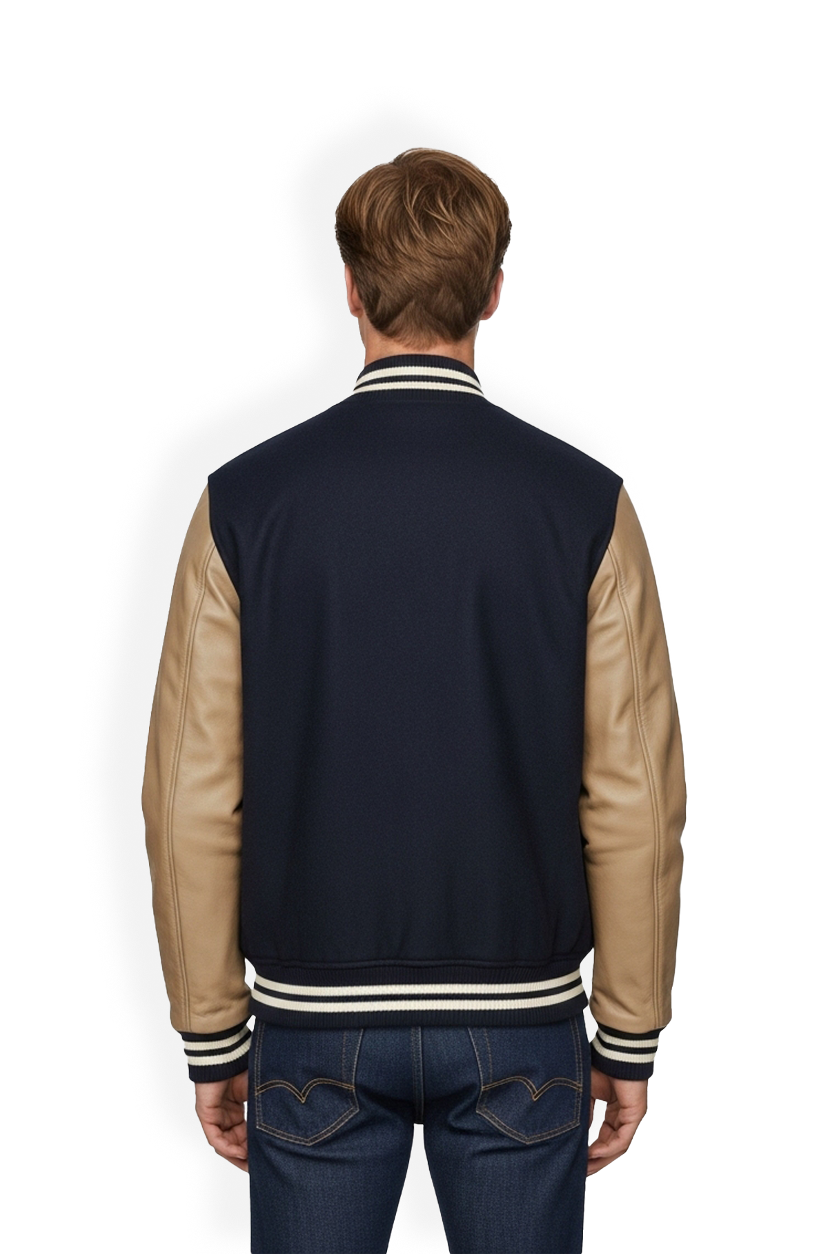 Navy Blue and Camel Varsity Leather Jacket