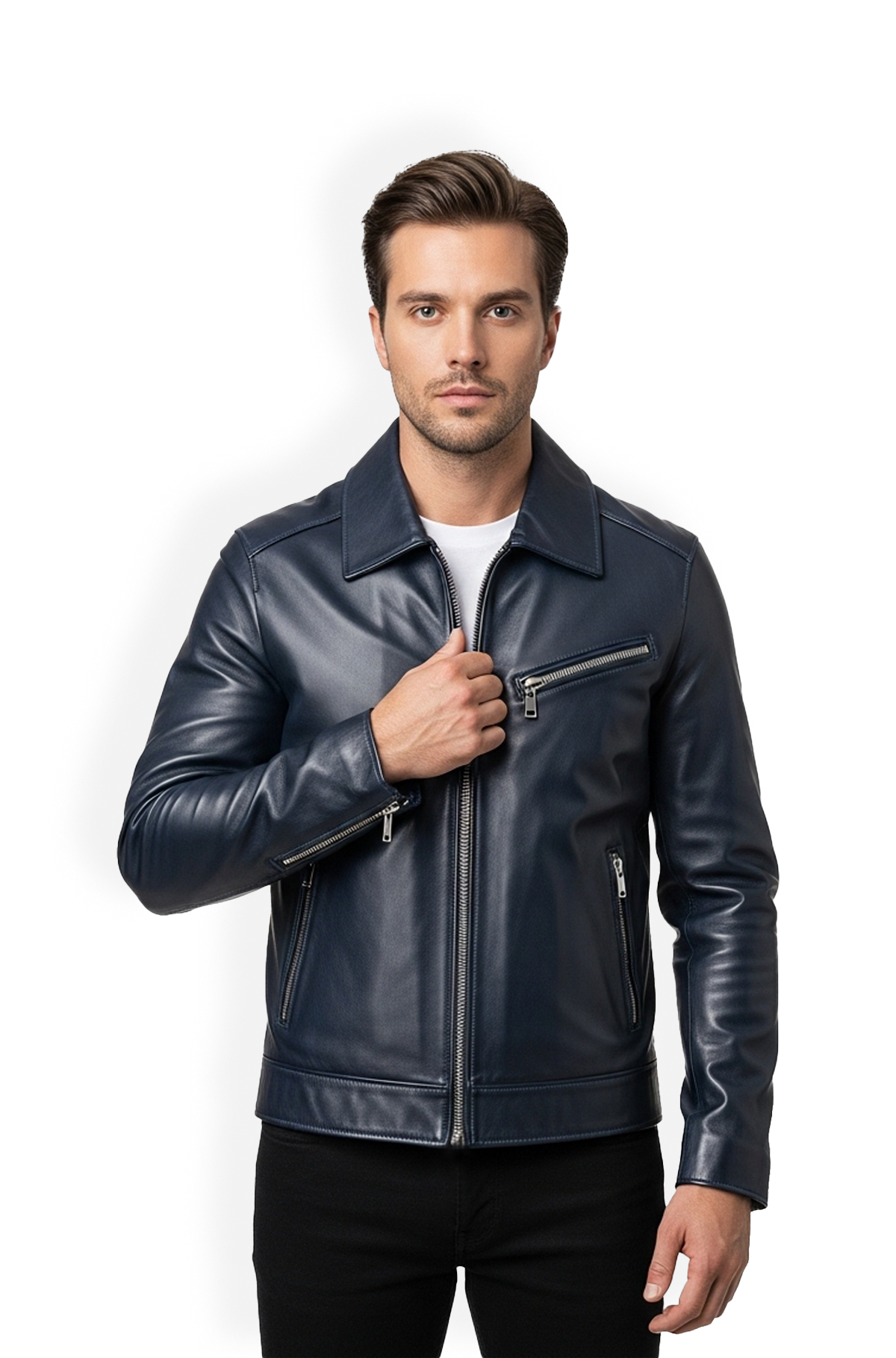 Navy Blue Biker Leather Jacket