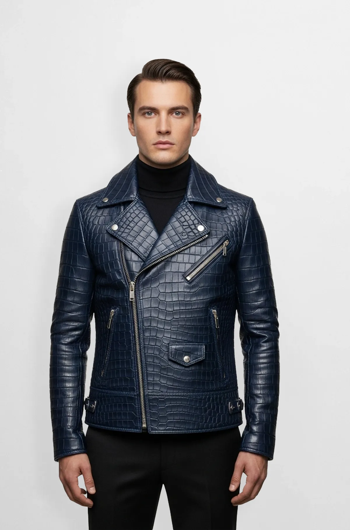 Navy Blue Midnight Croc Luxe Biker Jacket