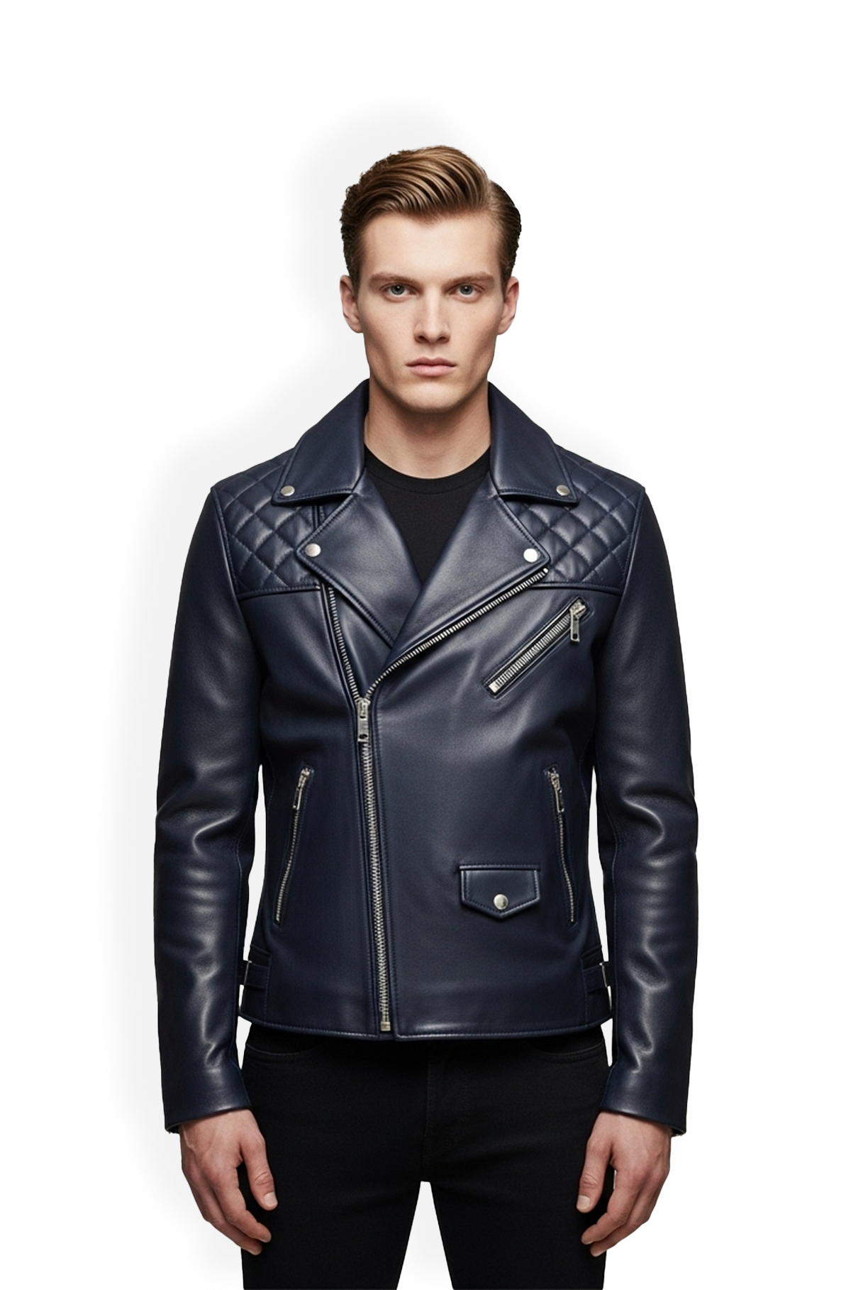 Mens Navy Blue Quilted Leather Biker Jacket