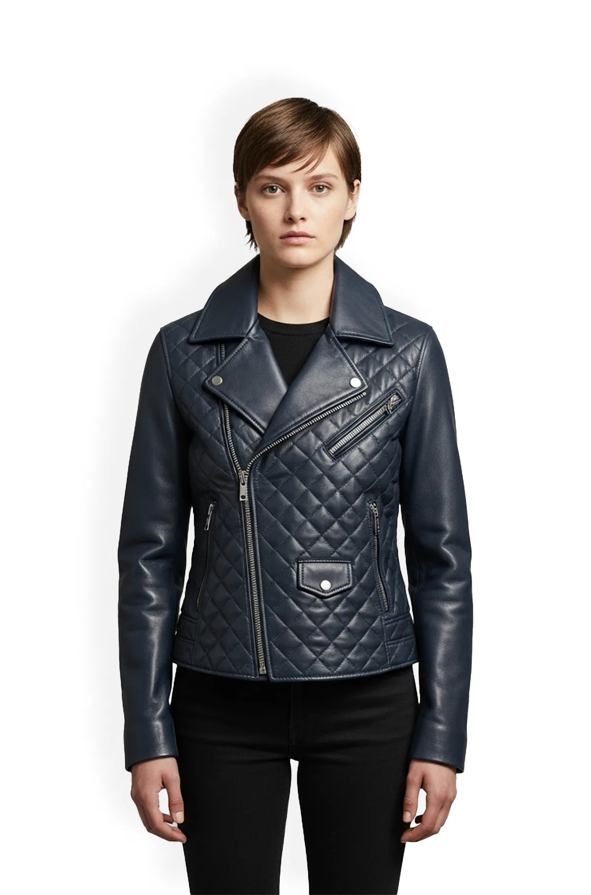 Navy Blue Quilted Leather Biker Jacket