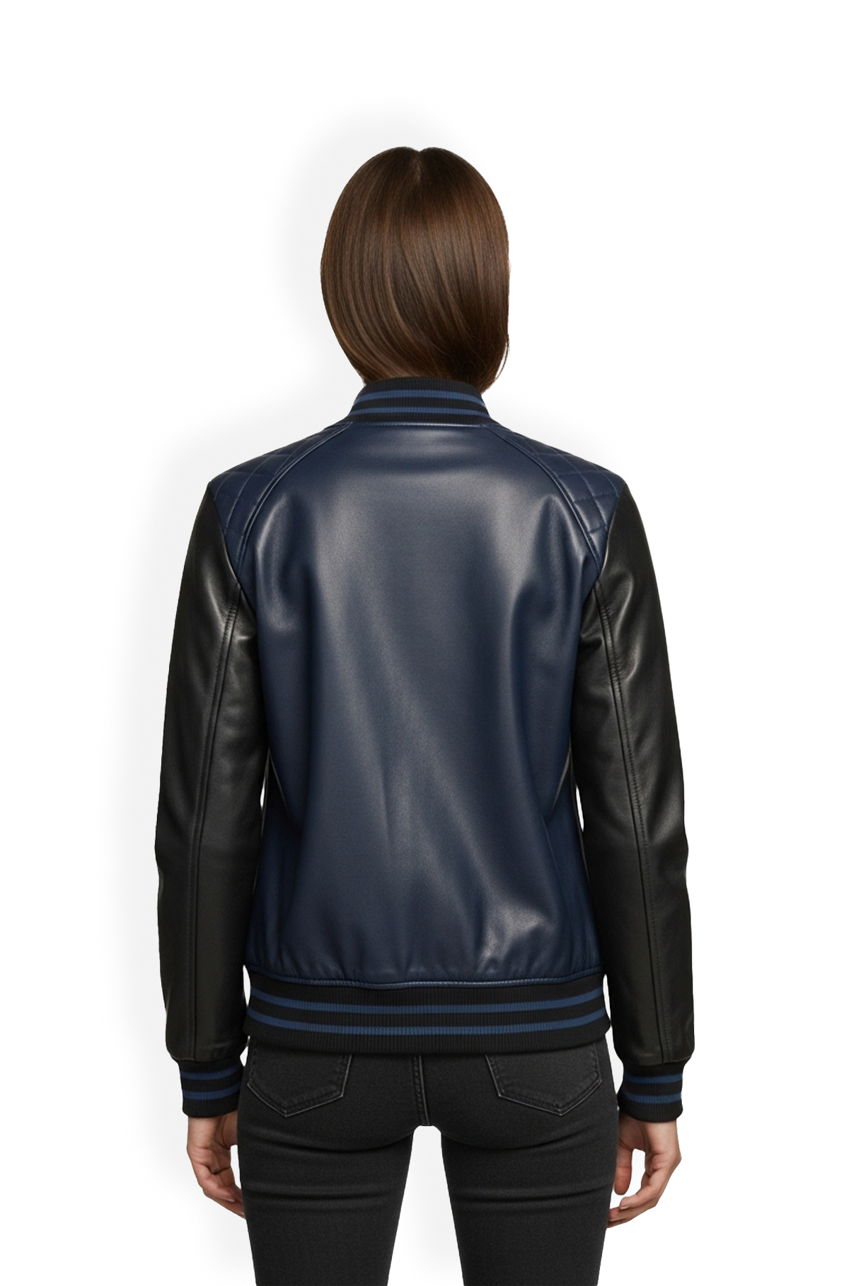 Navy Blue and Black Varsity Leather Jacket for Women