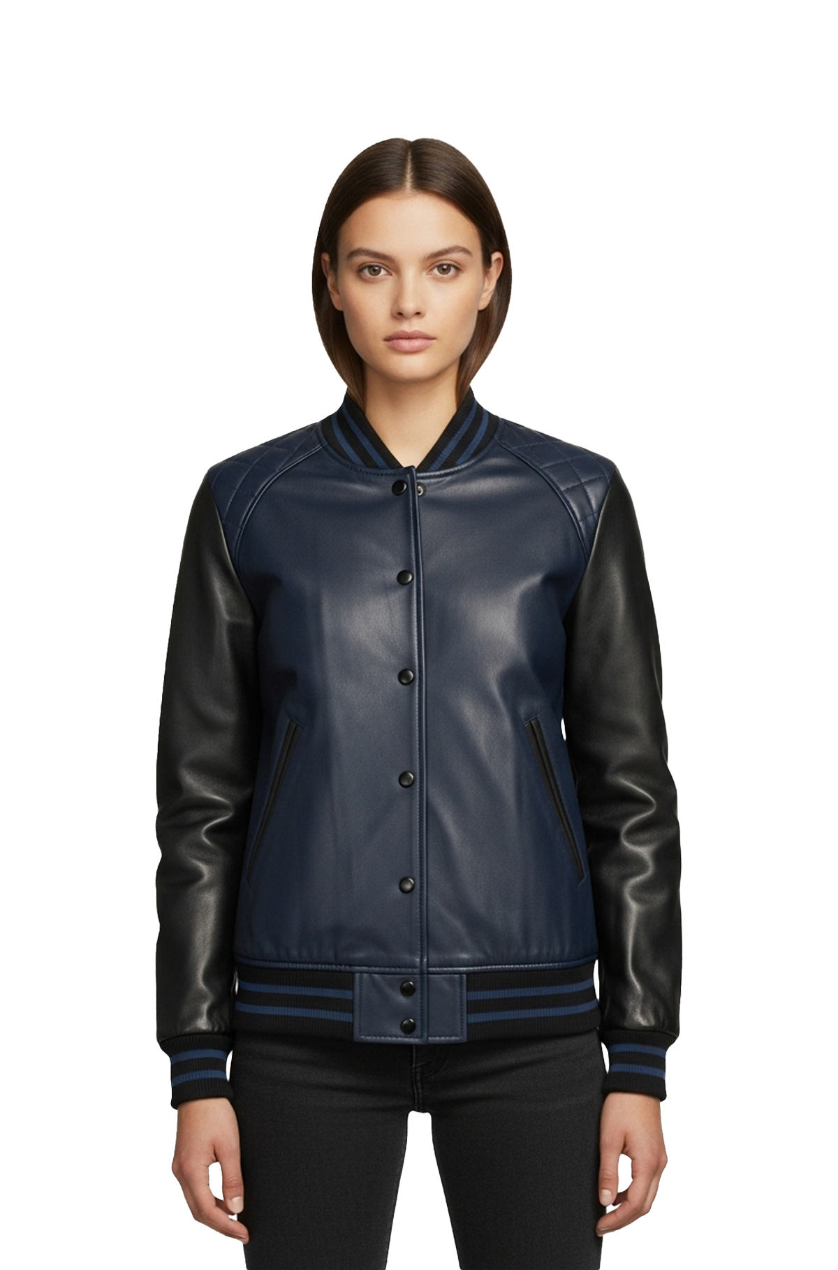 Navy Blue and Black Varsity Leather Jacket for Women