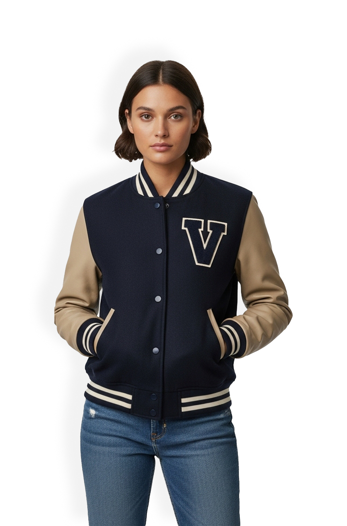  Navy Blue with Beige Leather Sleeves Varsity Leather Jacket
