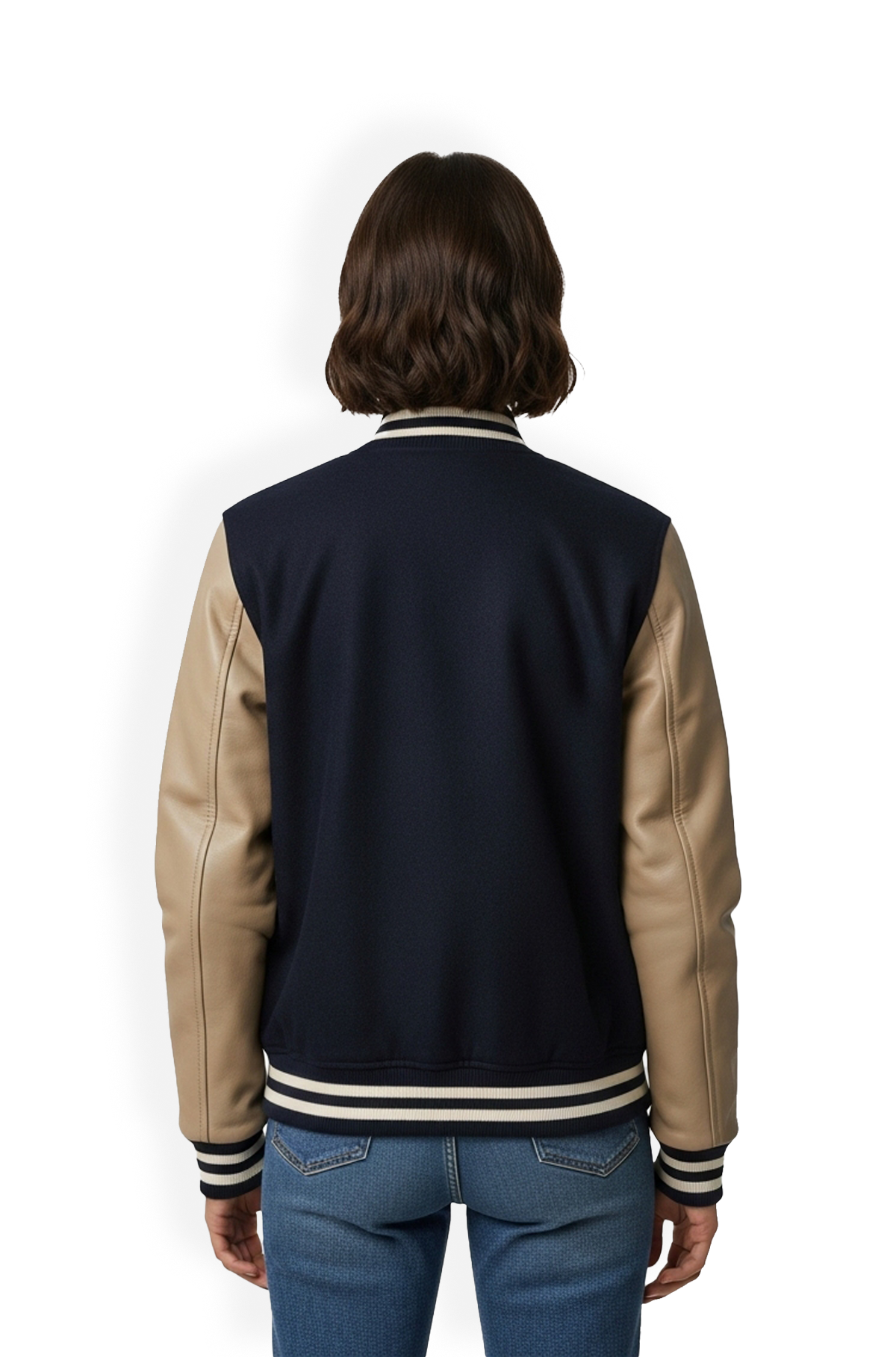  Navy Blue with Beige Leather Sleeves Varsity Leather Jacket