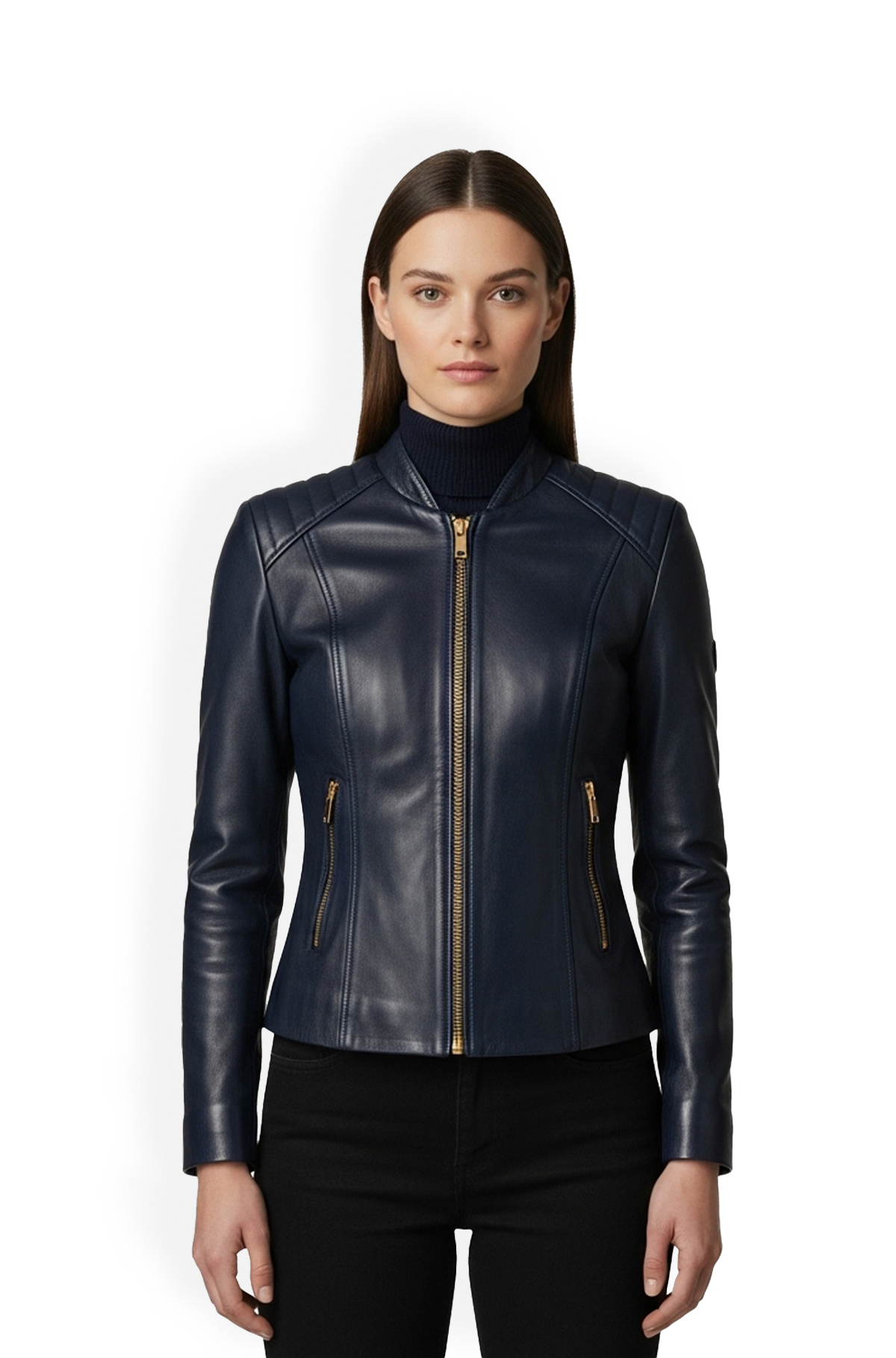 Navy Leather Bomber Jacket For Women