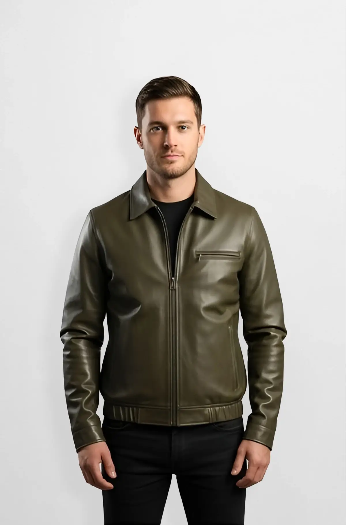 Olive Green Leather Jacket with Shirt Collar