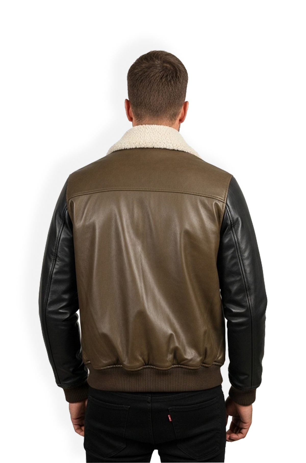 Olive Green Shearling Collar Leather Bomber Jacket