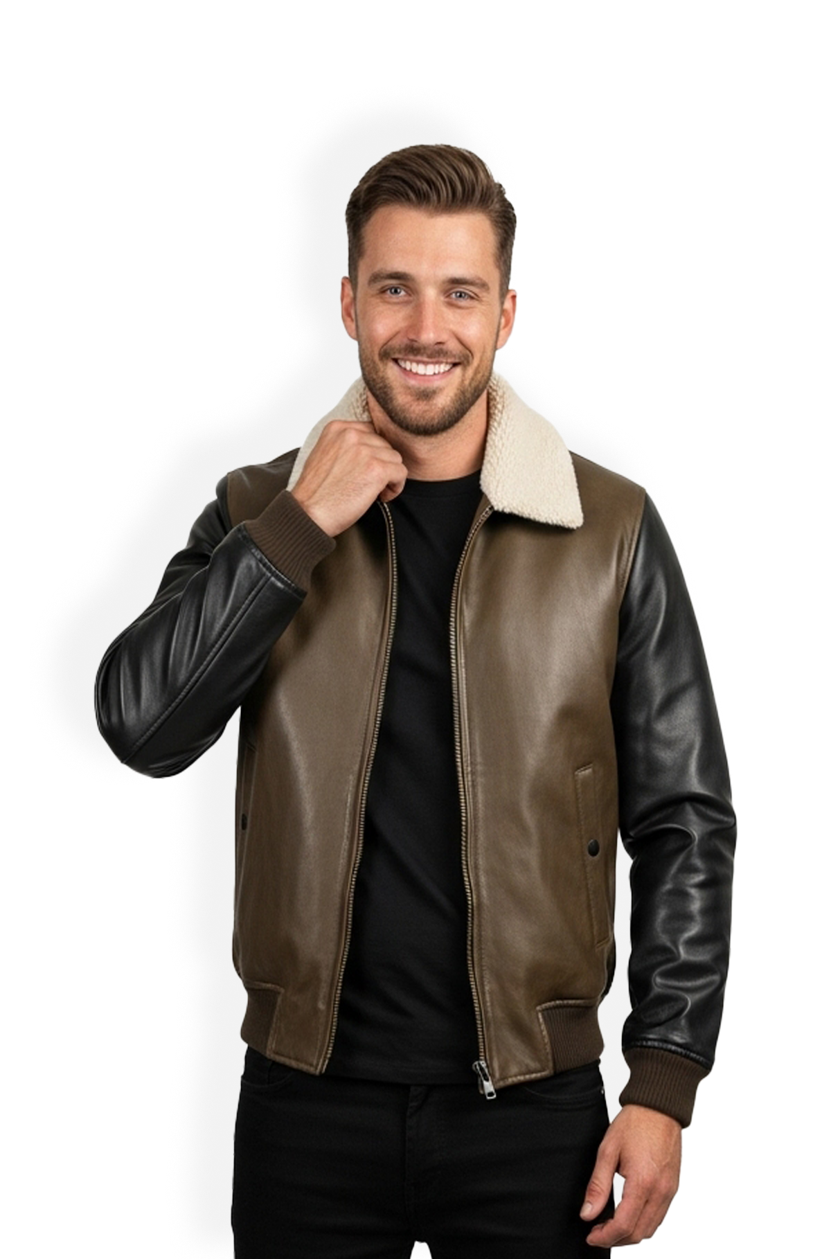 Olive Green Shearling Collar Leather Bomber Jacket