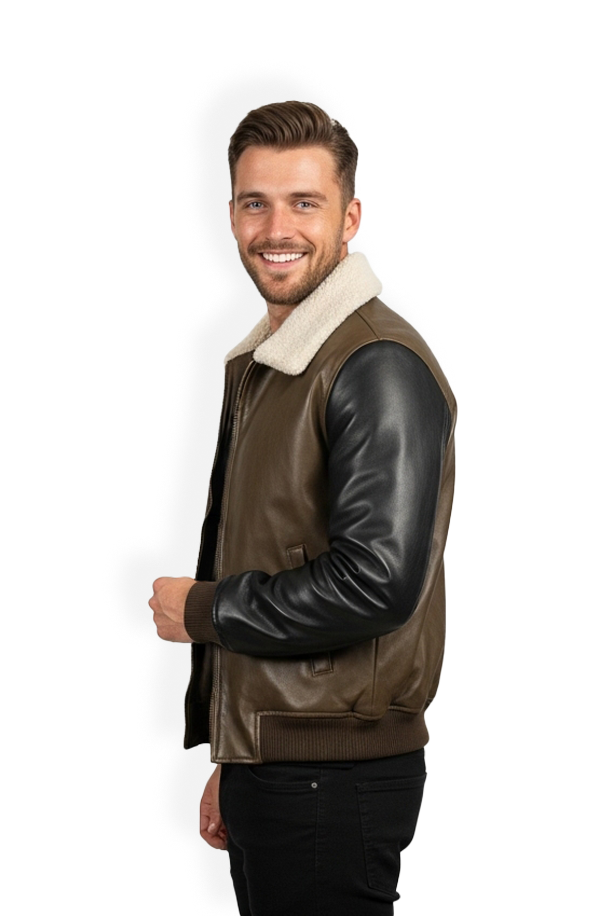 Olive Green Shearling Collar Leather Bomber Jacket