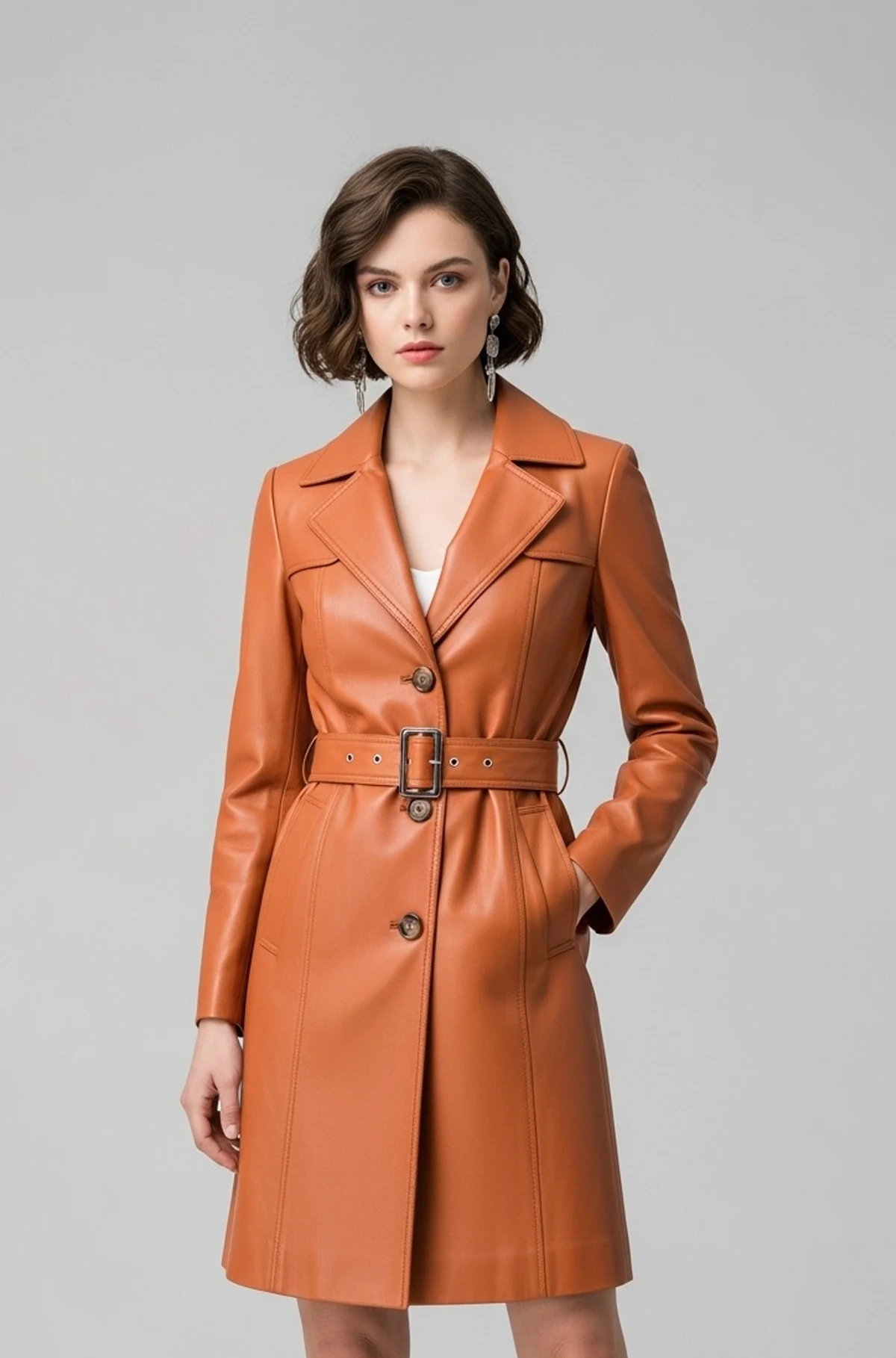  Orange Leather Trench Coat For Women