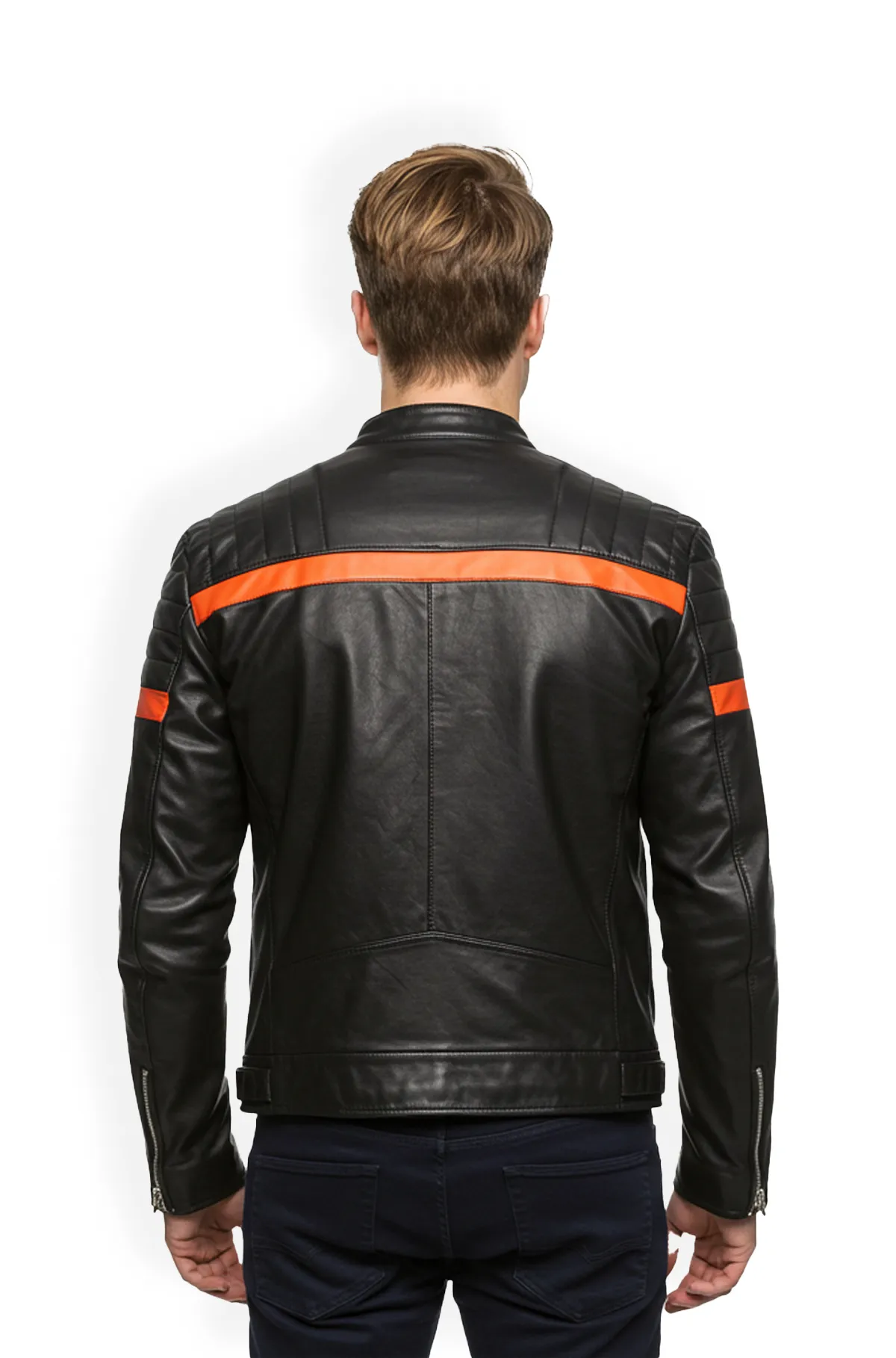Orange Stripes Black Biker Leather Jacket