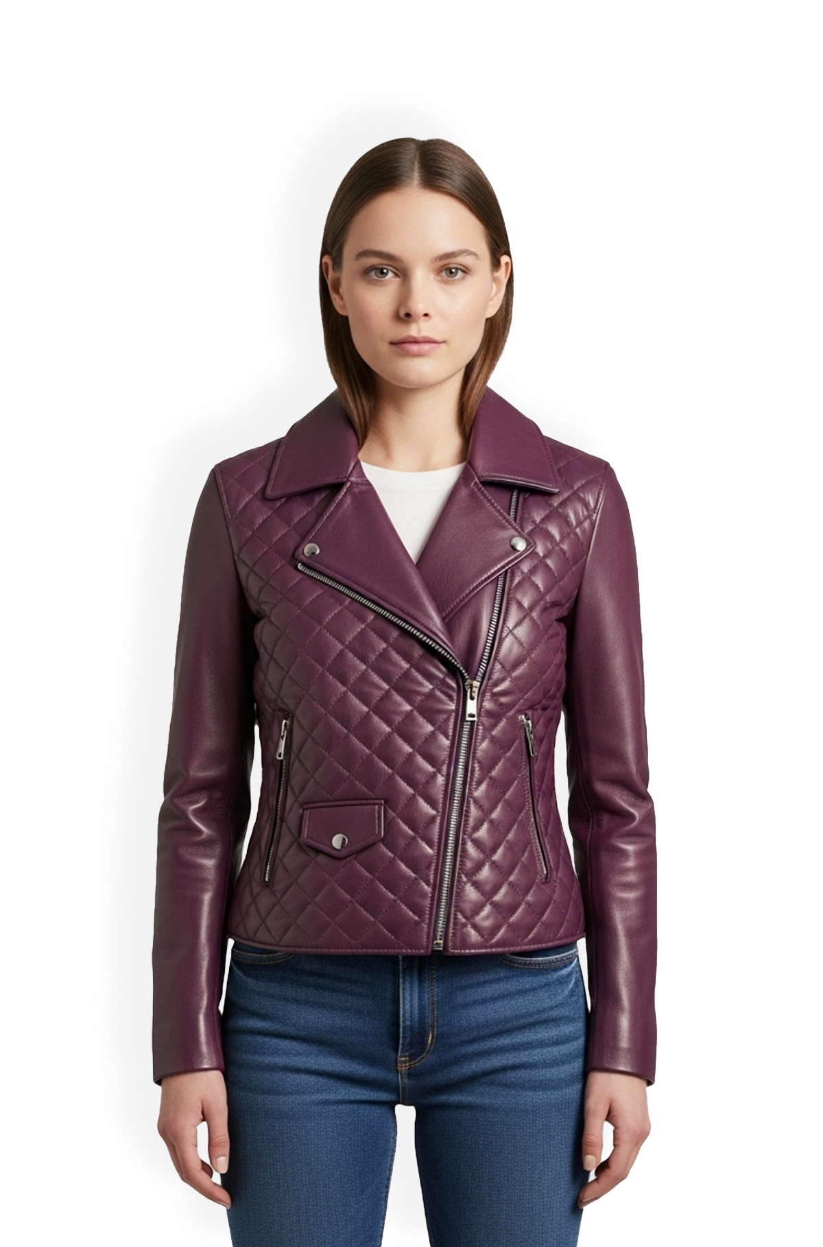 Plum Quilted Rebel Biker Leather Jacket