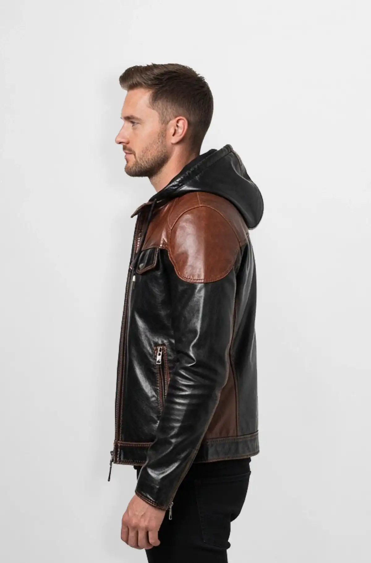 Premium Dual Tone Hooded Leather Jacket