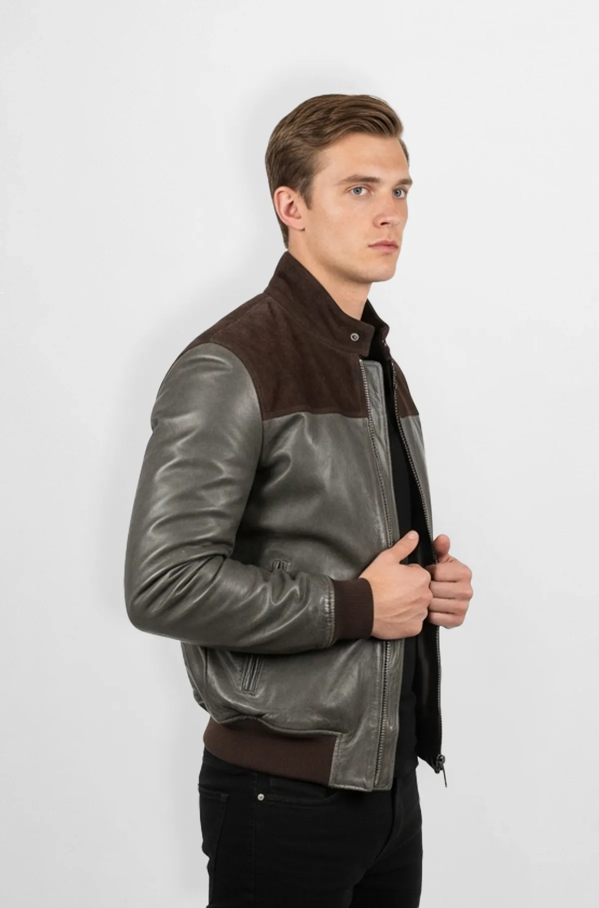 Premium Grey And Brown Leather Bomber Jacket