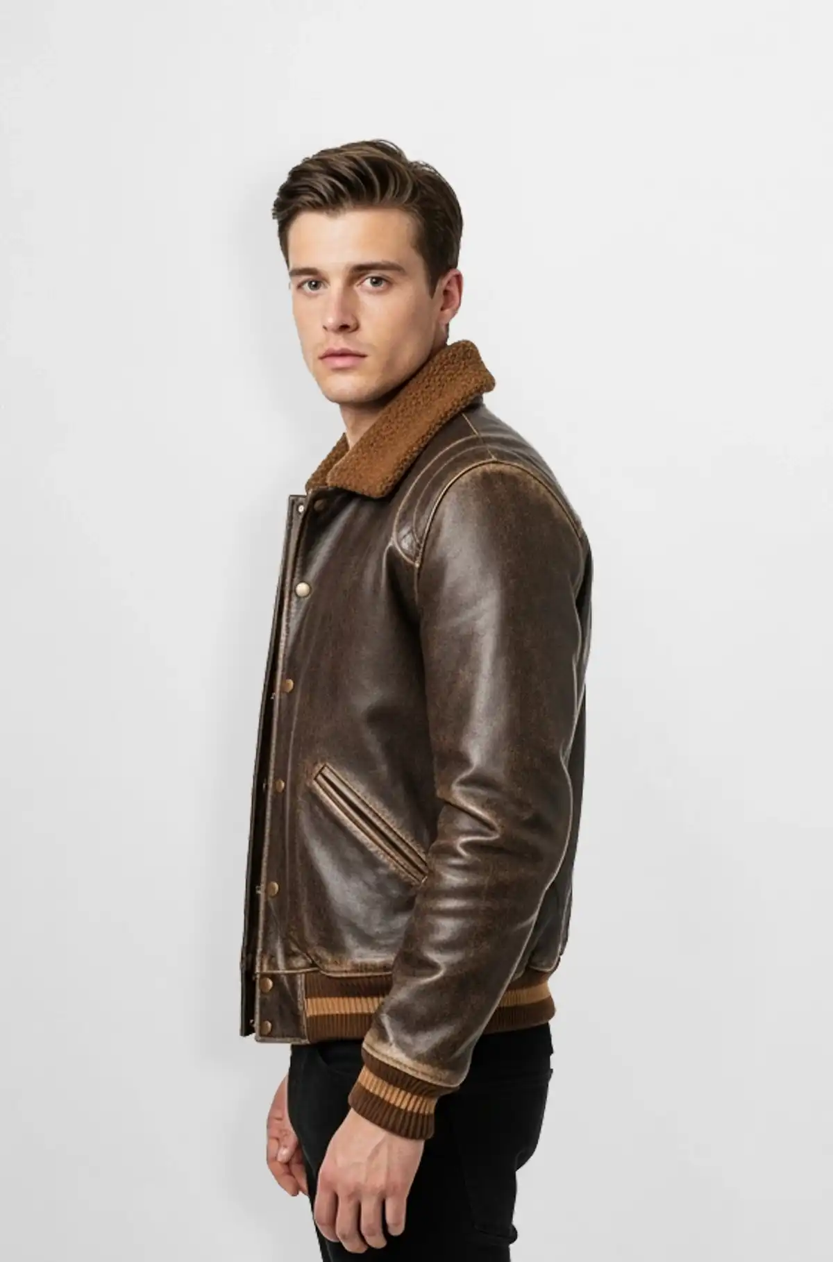 Premium Leather Bomber Jacket with Shearling Collar