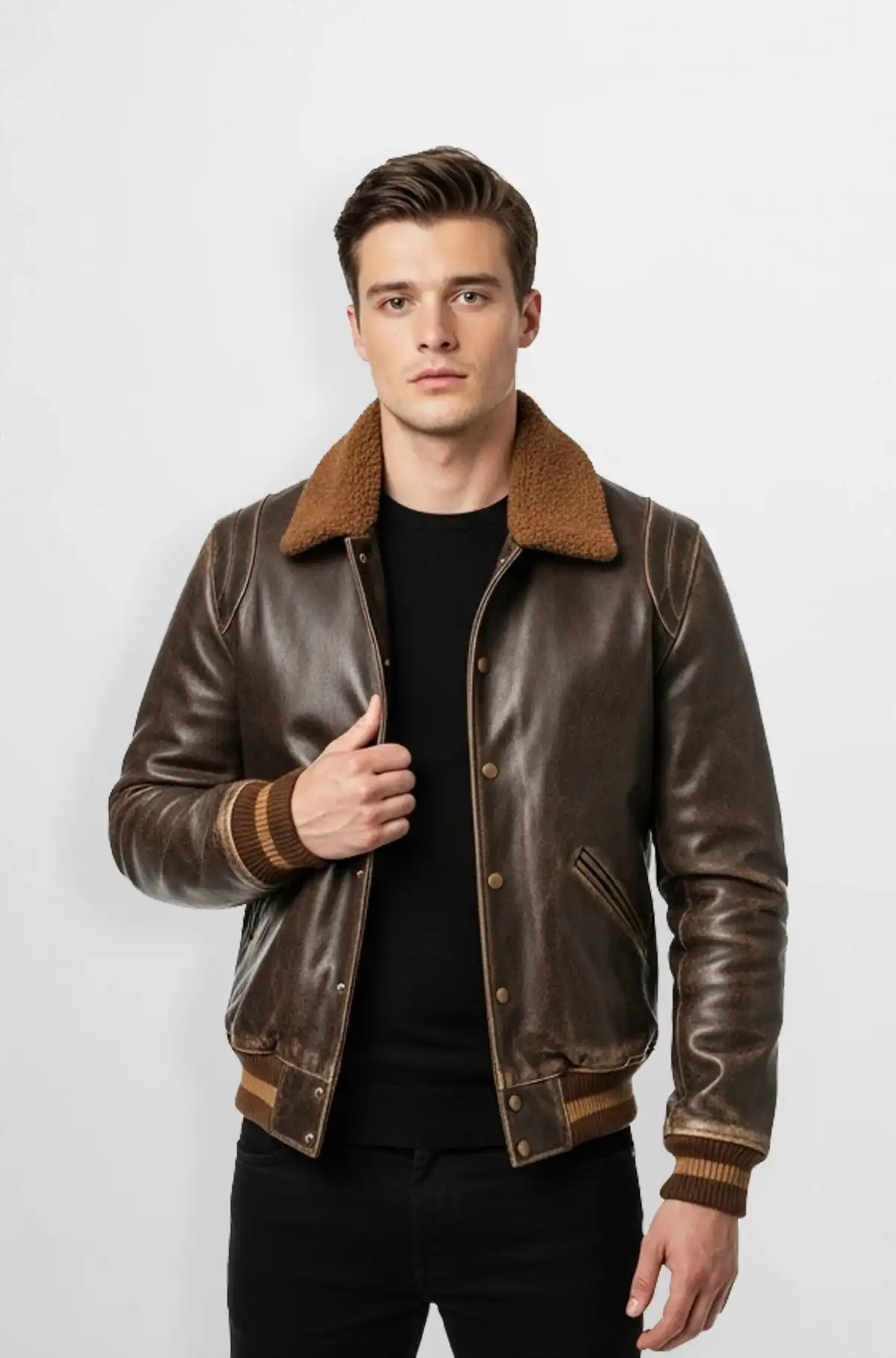 Premium Leather Bomber Jacket with Shearling Collar