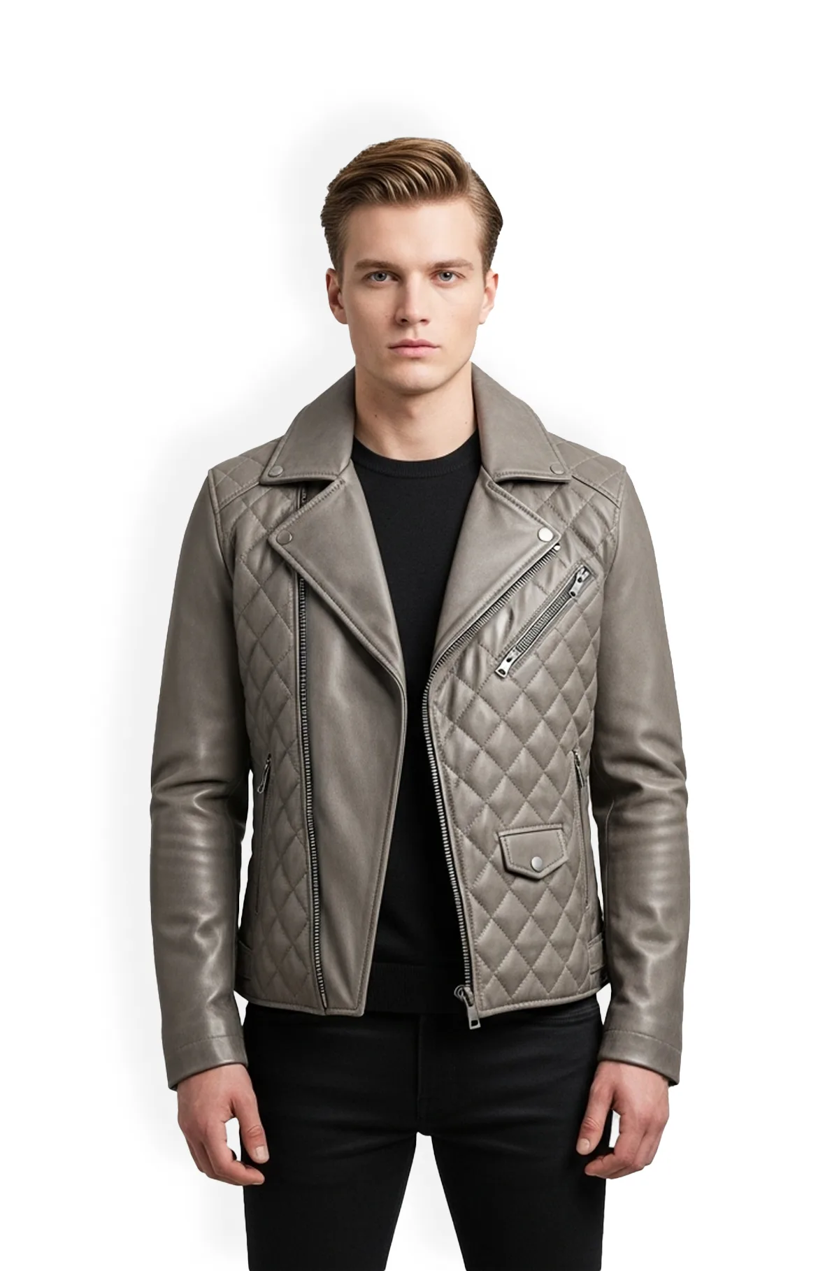 Quilted Taupe Grey Leather Biker Jacket