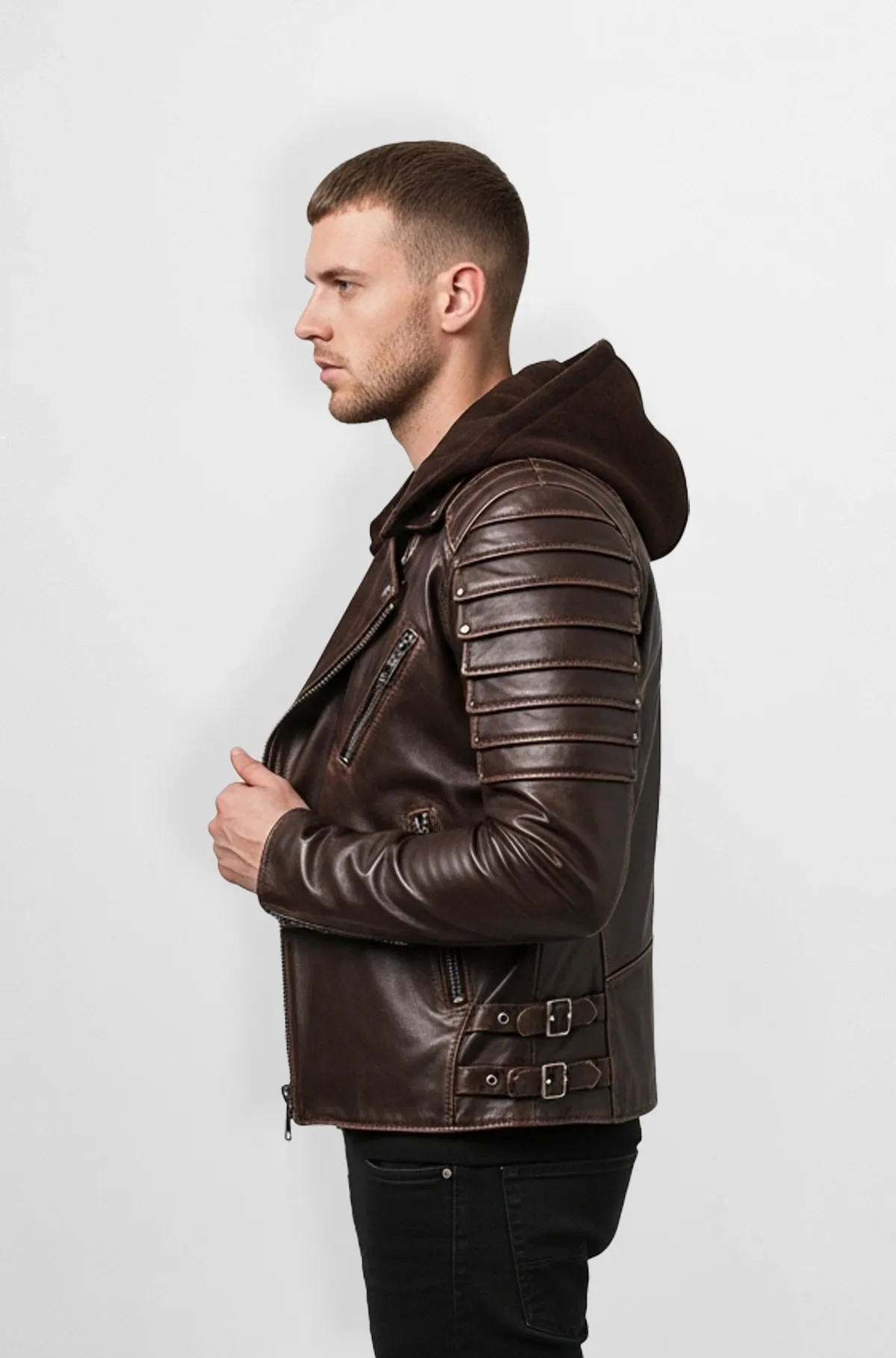 RiderX Hooded Brown Leather Biker Jacket
