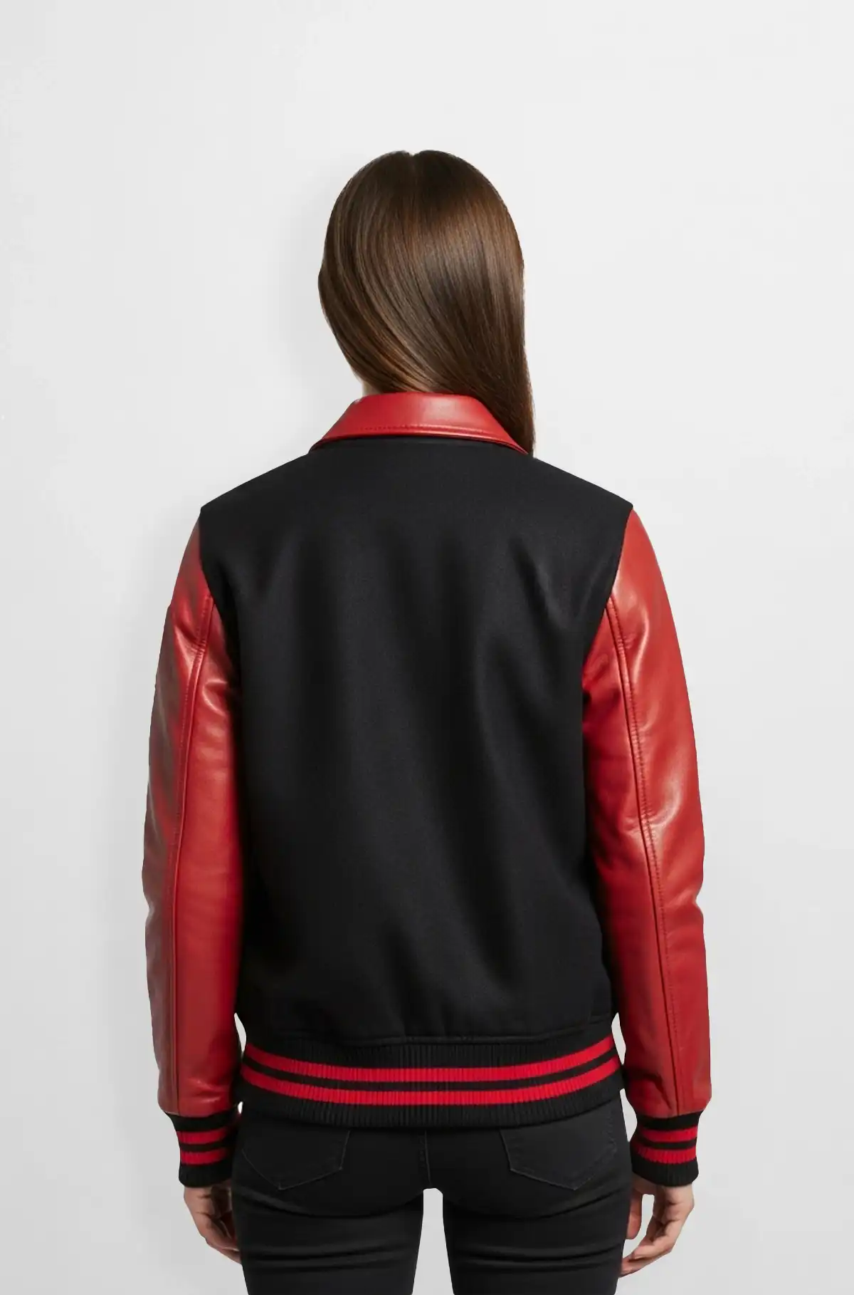 Rose Red and Black Leather Varsity Jacket 