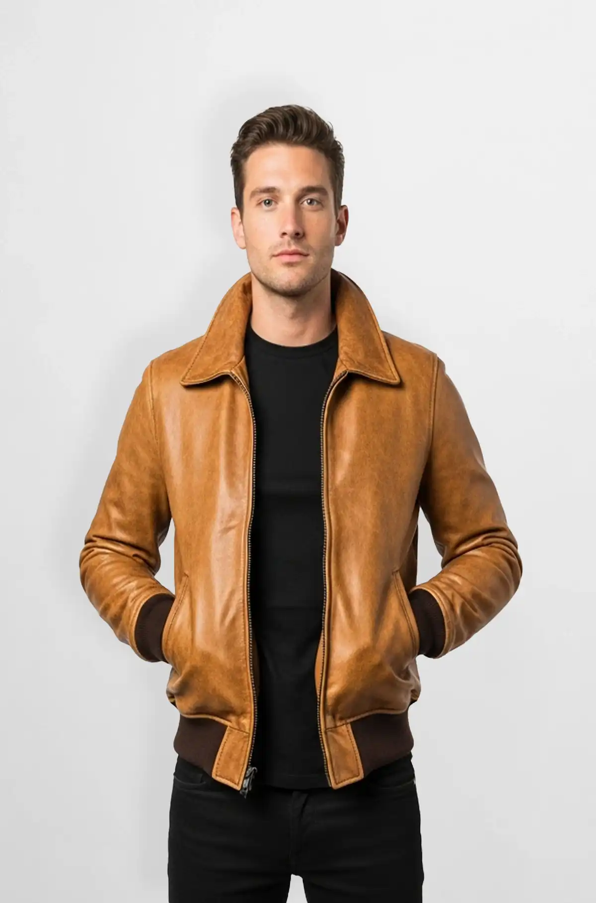 RustCraft Tan Leather Bomber Jacket