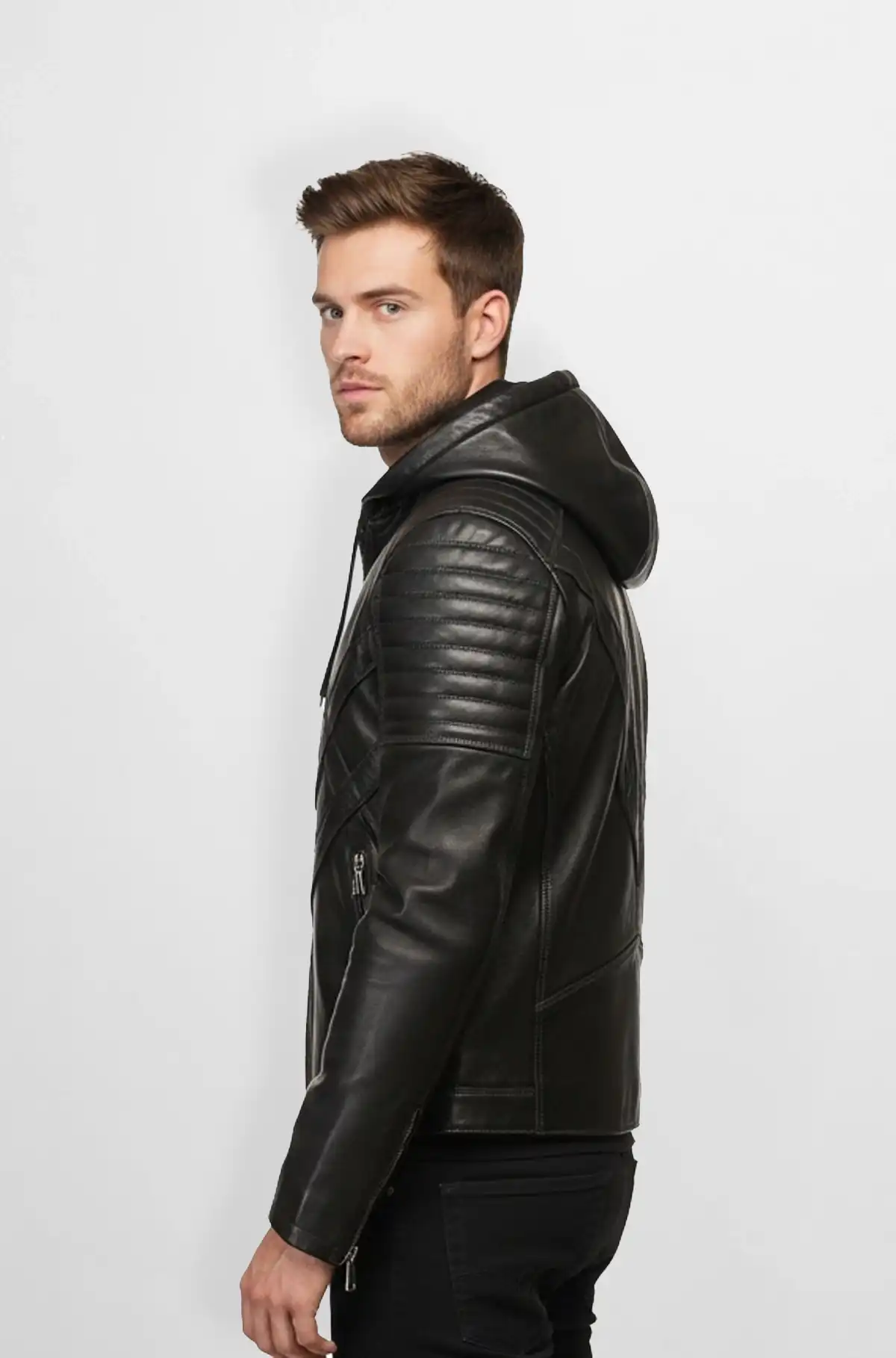 Shadow Line Black Hooded Biker Leather Jacket