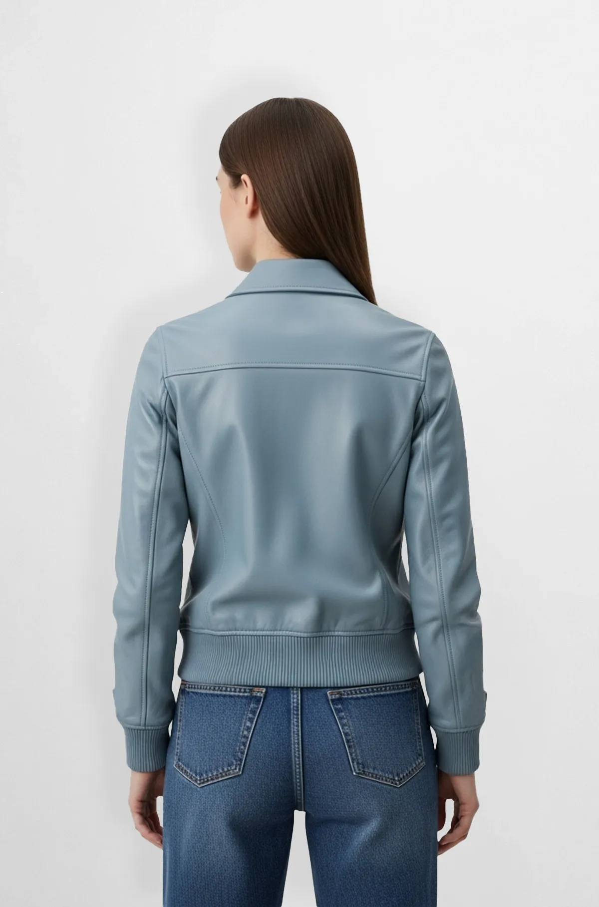 Sky Blue Leather Bomber Jacket with Gold Zipper
