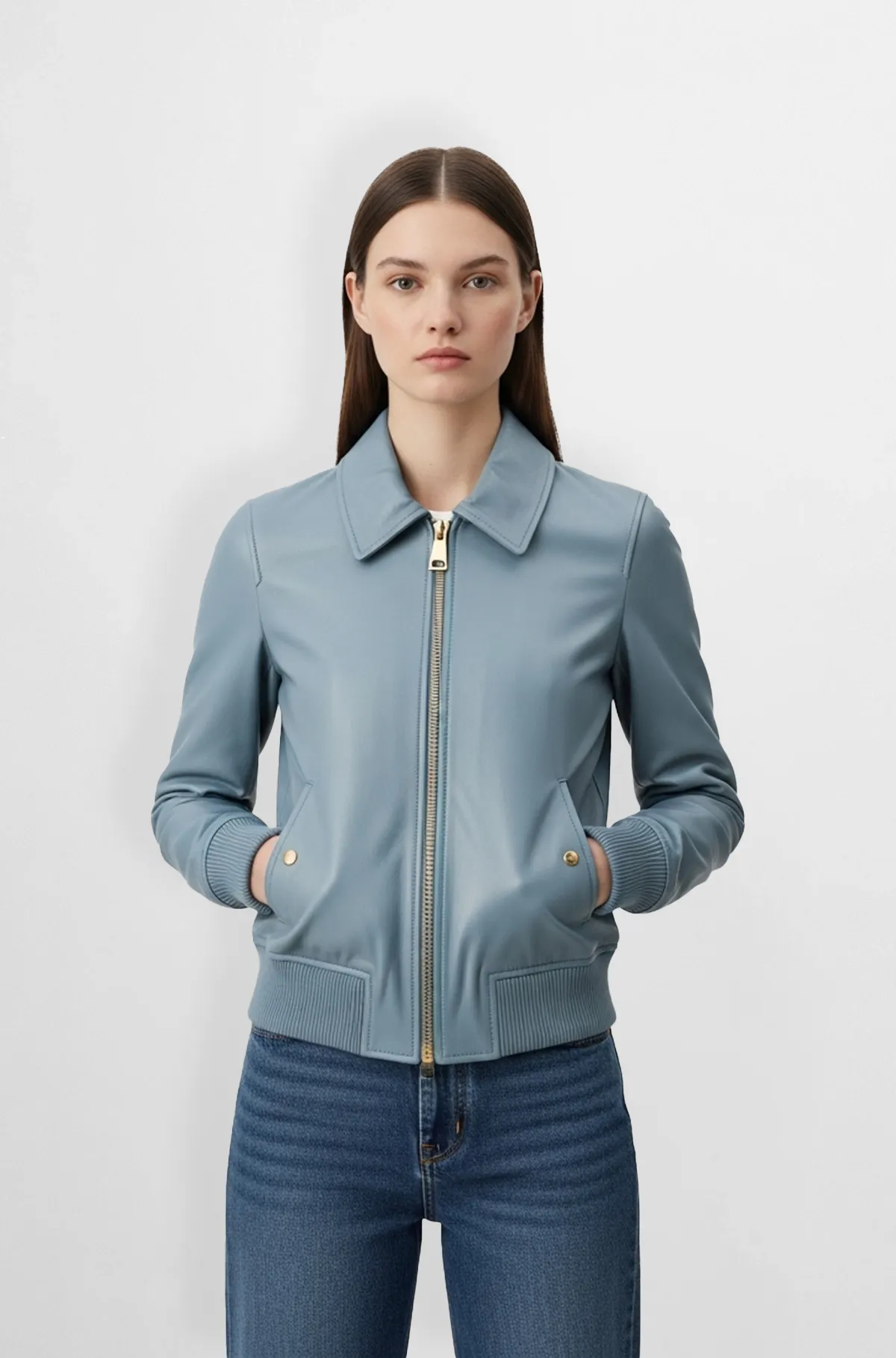 Sky Blue Leather Bomber Jacket with Gold Zipper