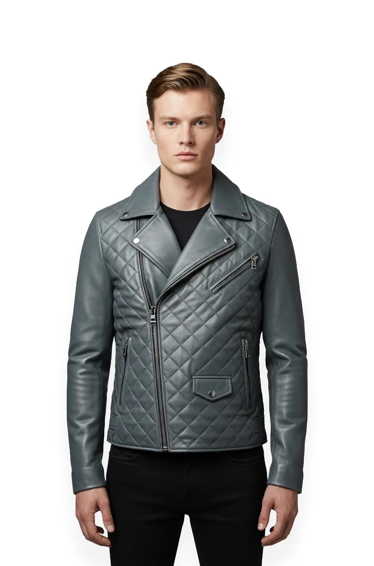 Slate Grey Quilted Leather Biker Jacket