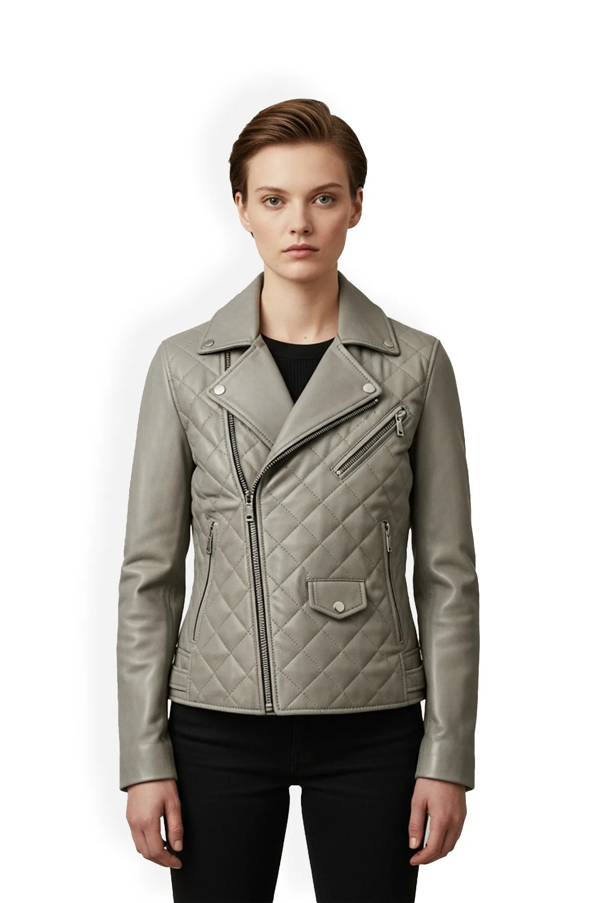 Stone Grey Quilted Leather Racer Jacket