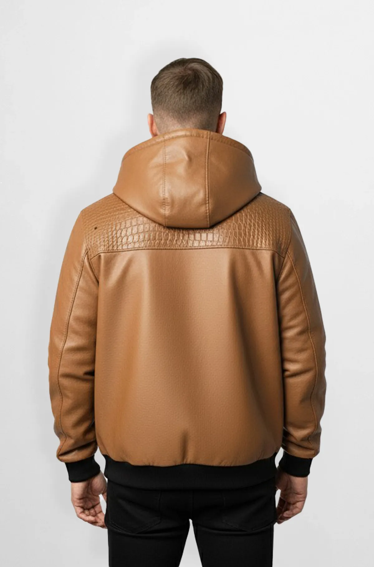 Tan Croc Embossed Leather Hoodie Jacket