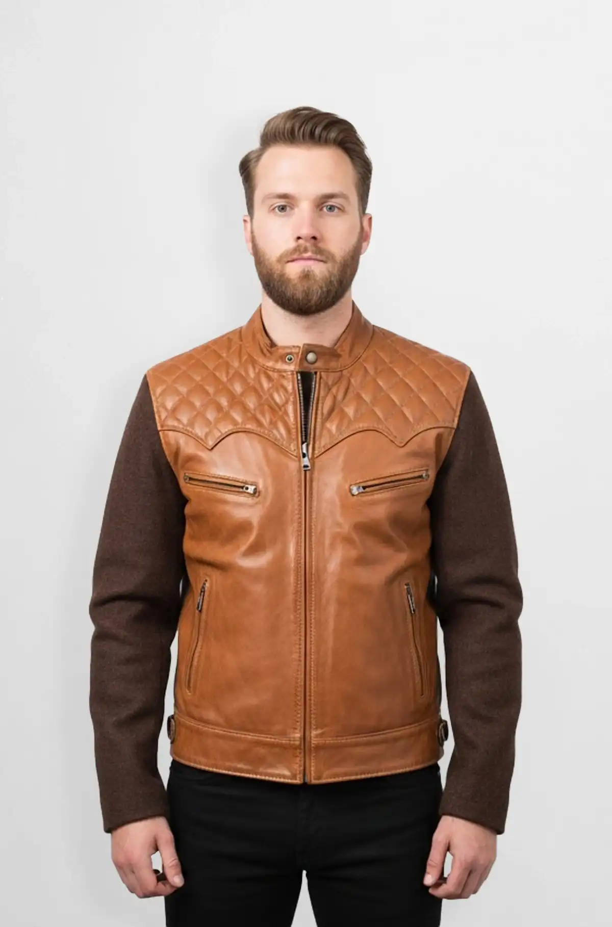 The Whiskey Brown Leather and wool combination jacket